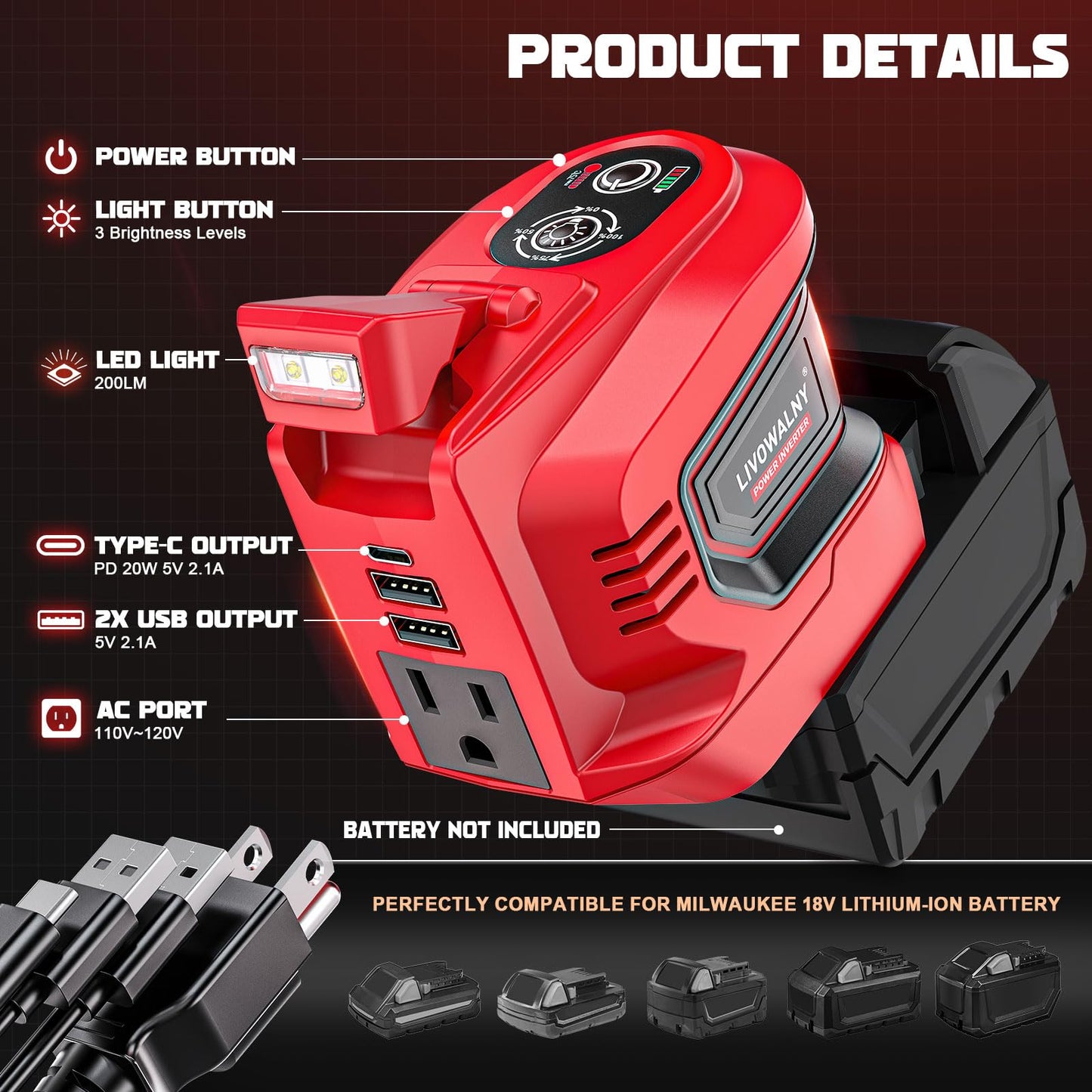 LIVOWALNY 2 Packs Power Inverter Compatible with Milwaukee 18V Battery, 200W Inverter 18V to 110V-120V, Portable Adapter Charger Adapter Power Supply(No Battery)