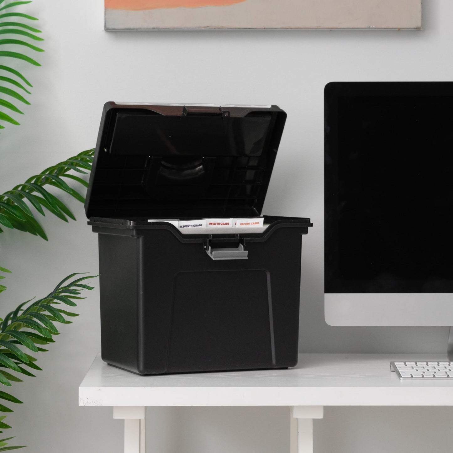 IRIS USA Plastic File Storage Box, Portable Letter Size File Organizer with Lid, Secure Buckle & Handle, BPA-Free Storage Organizer, 4 Pack, Black