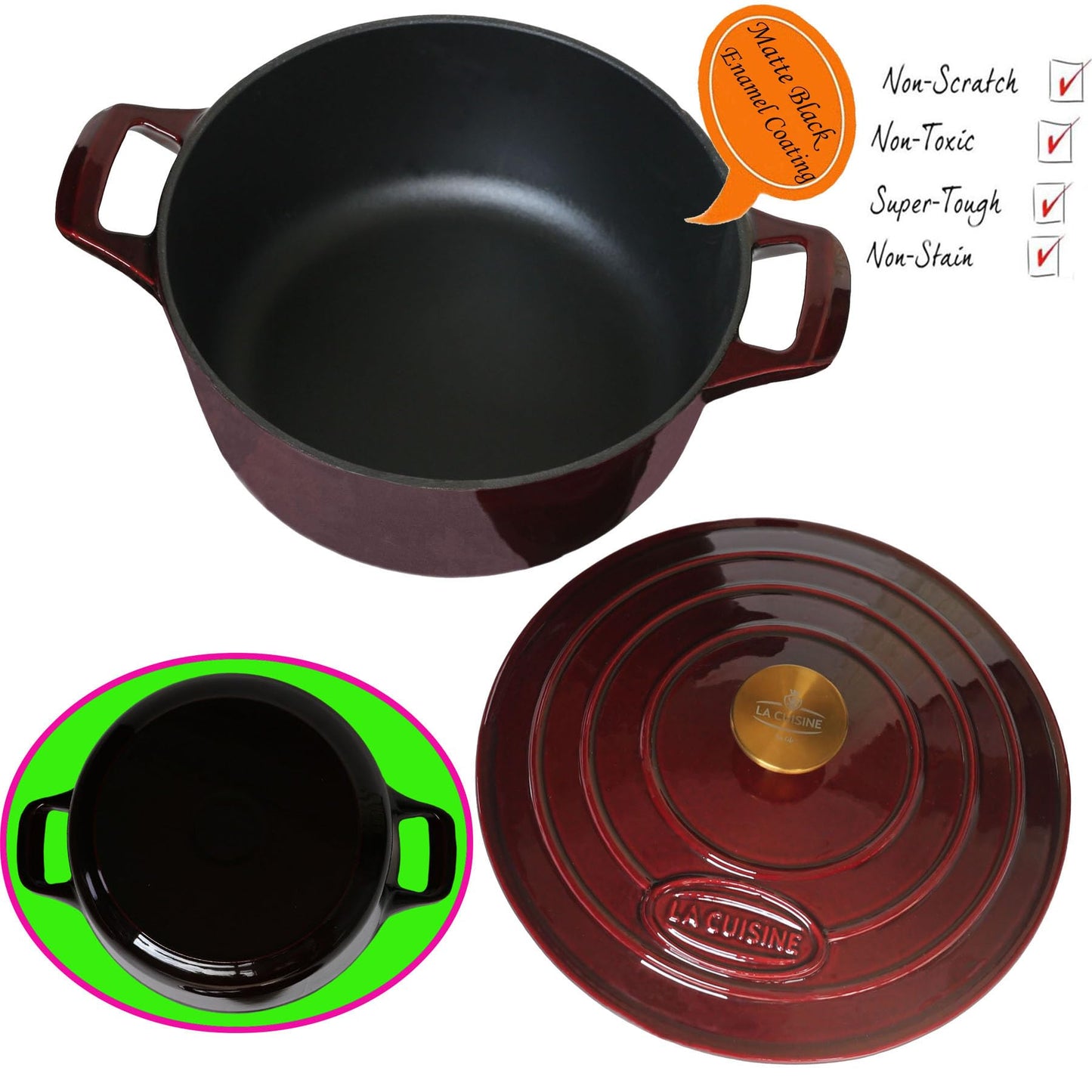 La Cuisine Enameled Cast Iron Dutch Oven Casserole Dish Pot with Lid, 2.1 QT 7.9“ /20cm Dia. Internal Matte Black Enamel Coating, Gold-Plated SS Lid Handle Oven Safe up to 500° F, Cranberry