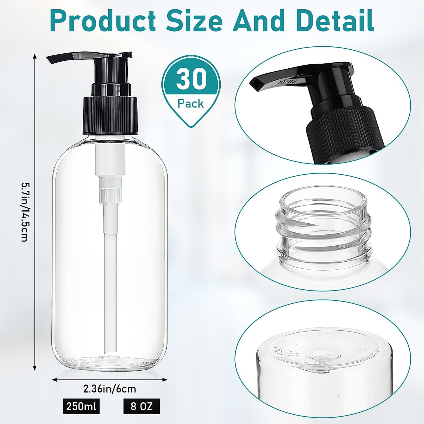 30 Pack Clear Empty Lotion Bottles, 8 oz Plastic Pump Bottles, Shampoo and Conditioner Dispenser Bottles with Pumps for Body Wash, Shampoo, Massage Lotion (Black&White)