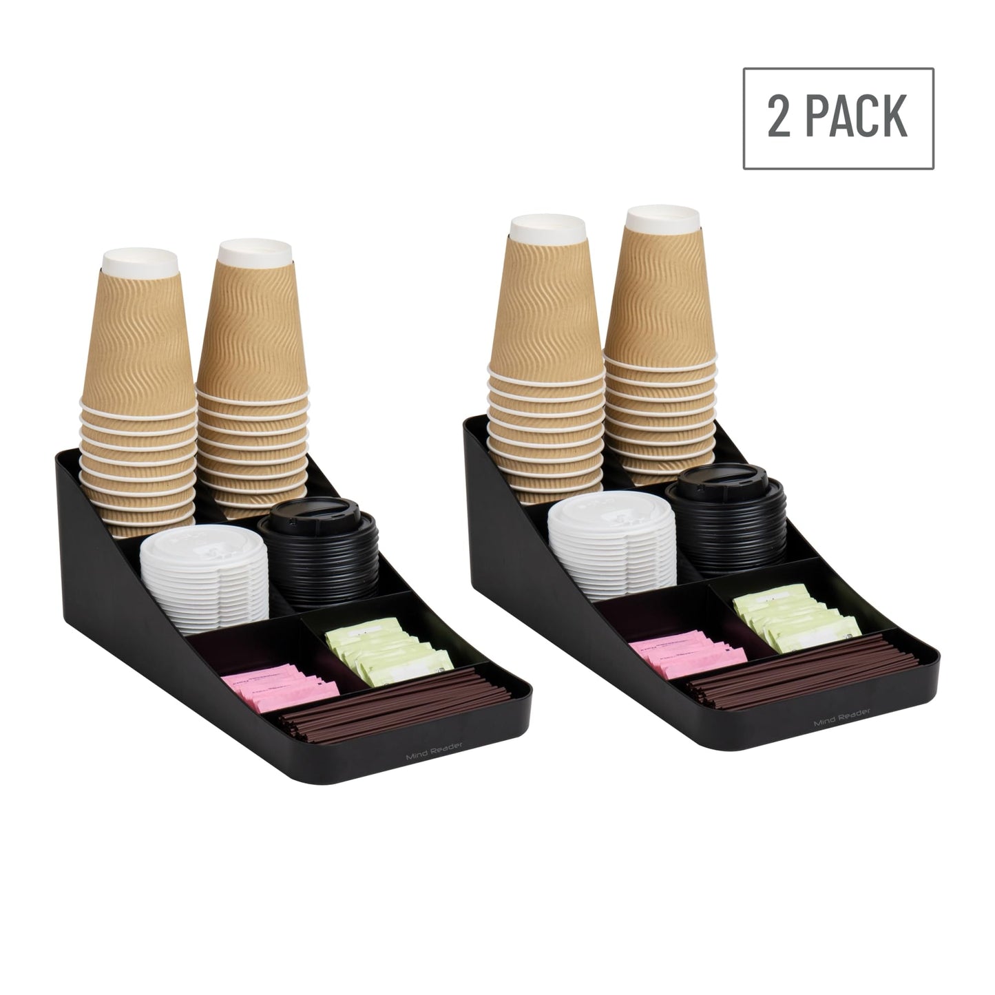 Mind Reader Cup and Condiment Station, Countertop Organizer, Coffee Bar, Kitchen, 7.25"L x 15.5"W x 5.25"H, Set of 2, Black