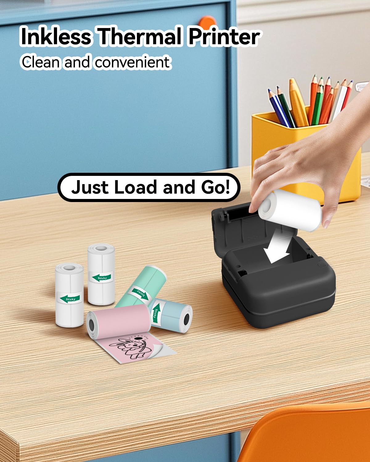 Aptika Sticker Printer - Print Pod 2.0 Mini Printer with 14 Rolls Sticky Paper, Thermarote Portable Sticker Maker Machine, Thermal Label Maker, Thermanote Labeller for Photos Notes Graphics, Black