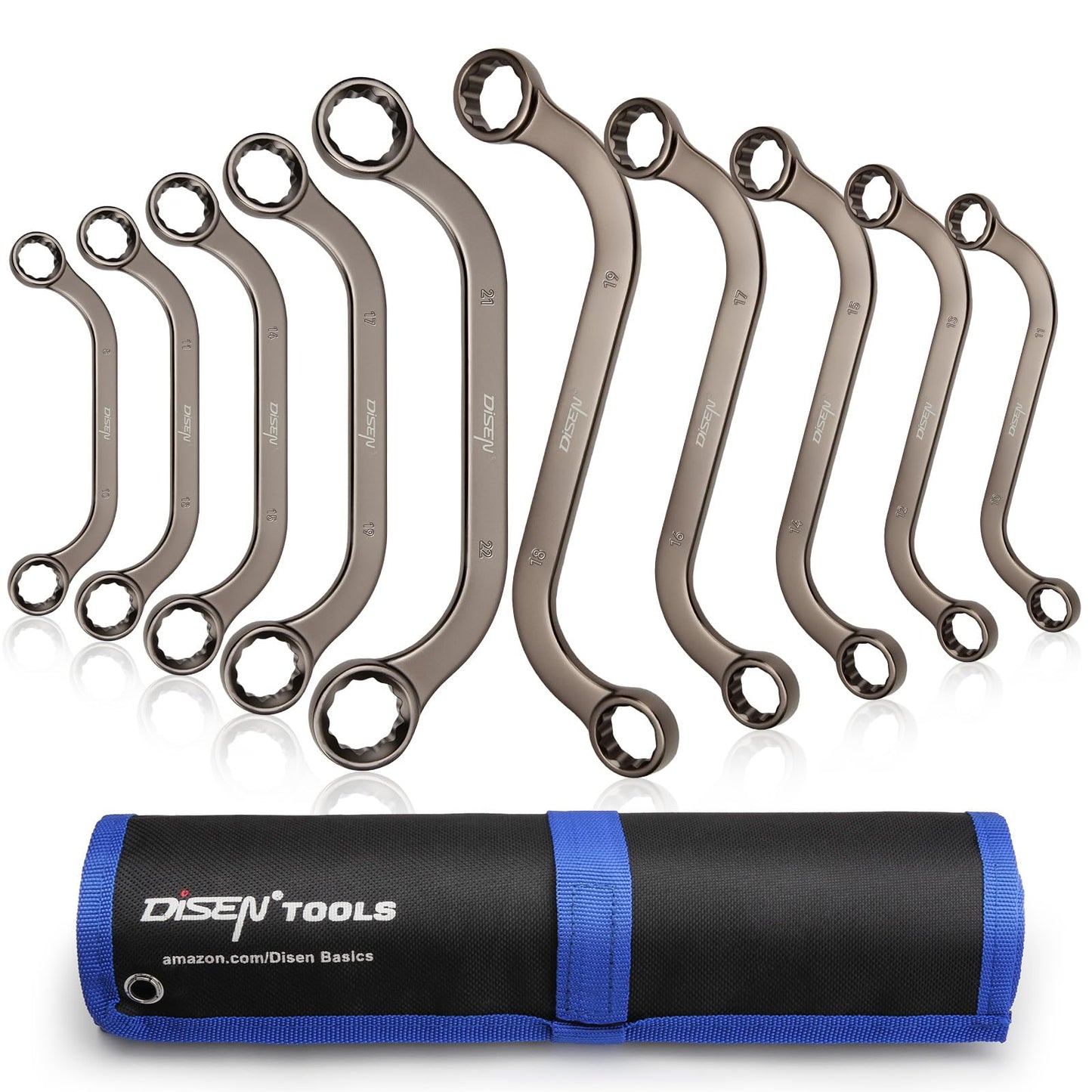 DISEN S-Style & Half Moon Box Wrench Box Wrench Set Metric, C-Style 8mm-22mm Wrenches, S-Style 10mm-19mm Wrenches, 12 Point, CR-V Steel,Nickel Plating with Organizer Bag