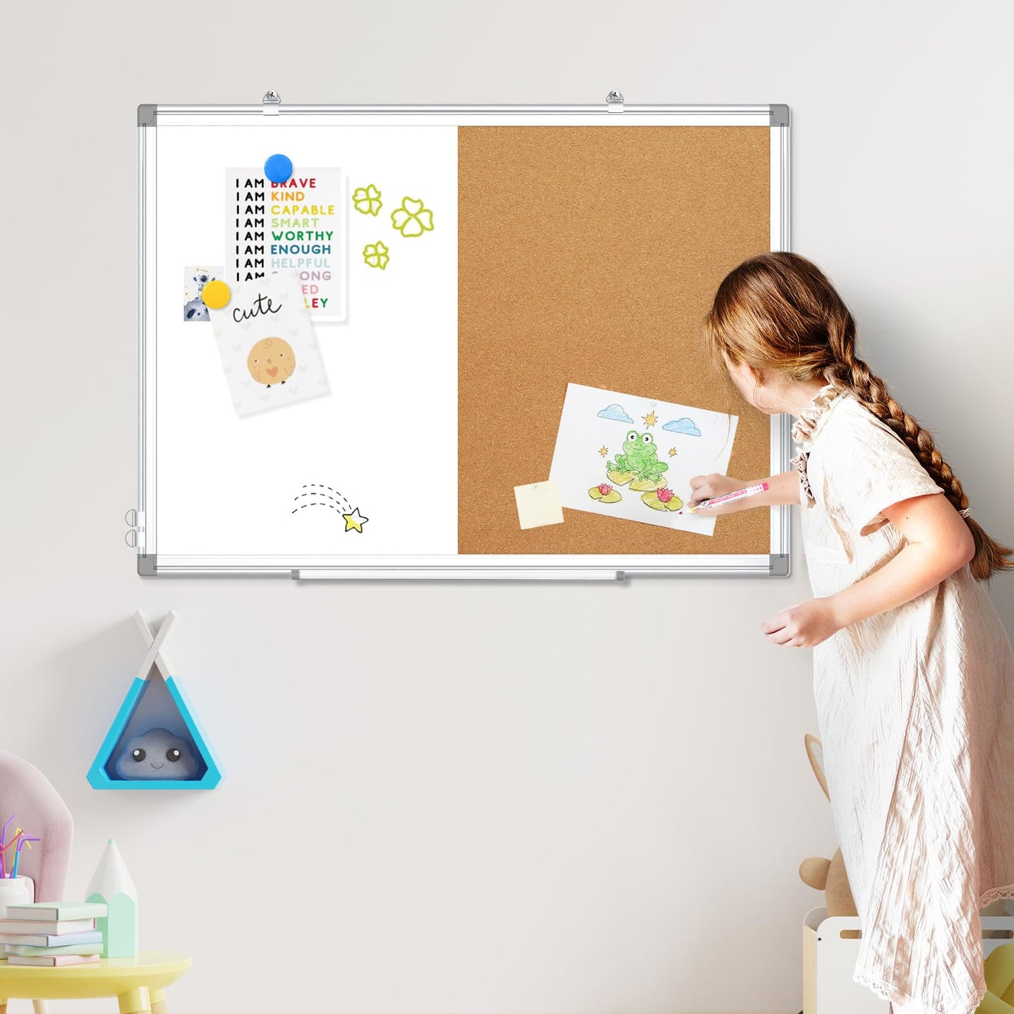 AMUSIGHT Double-Sided Combination Magnetic White Board & Cork Board, 36" x 24" Dry Erase Board & Cork Board Combo for Wall, Hanging Whiteboard for Planning, Kitchen, Memo, School, Home, Office