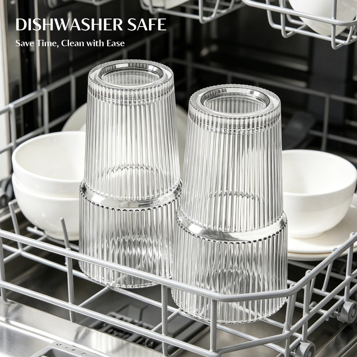 INSETLAN 20 oz Ribbed Glass Tumblers with Lids and Glass Straws – 4-Piece Glassware Set, Heavy-Duty Tumblers, Ideal for Iced Coffee, Smoothies, Cocktails, and Juices – Elegant and Durable Drinkware