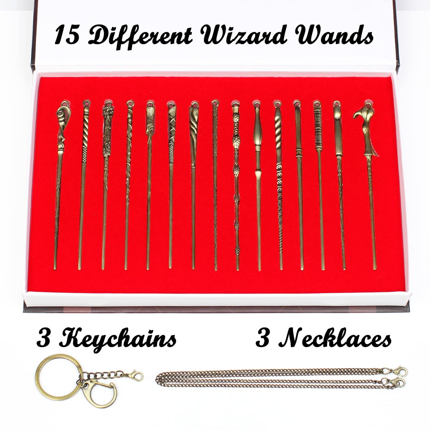 Mini Magic Wand Set 15PCS Wizard Keychain Necklace Collection Wands Kit Witch Keyring Pendant Christmas Ornaments Decorations with Gift Box