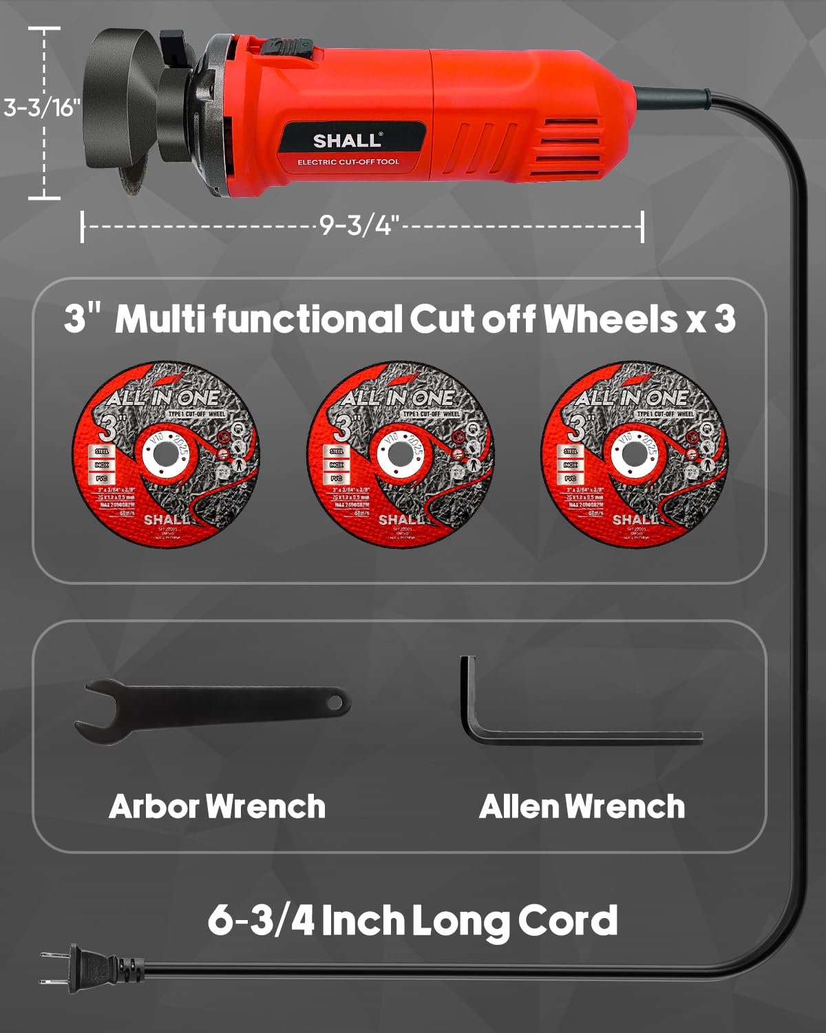SHALL 3 Inch High-Speed Cut Off Tool, 3.5 Amp Metal Cutter Tool with 3Pcs Multifunctional Cutoff Wheels, 24000RPM Electricl Metal Cutting Tools for Steel, Inox, PVC, Aluminum