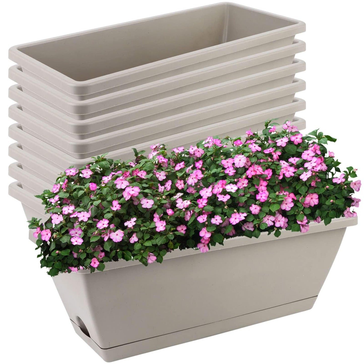 Haiabei 8Pcs Flower Window Box Planter Rectangle Plant Pot Planter 17 Inch Herb Planters with Tray Herb Pots for Indoor Plants Large Flower Boxes for Bay Window,Kitchen Windowsill,Coffee Table,Grey