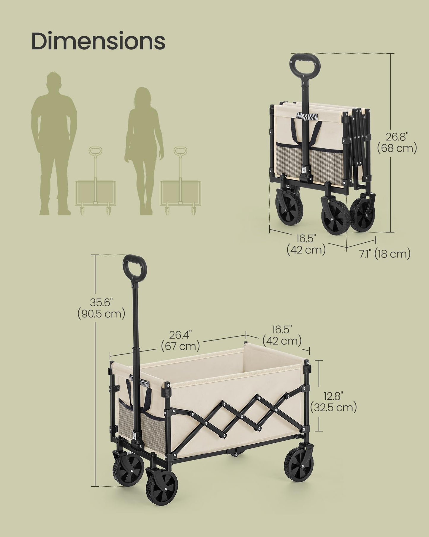 SONGMICS Collapsible Wagon, Foldable Wagon Cart, Folding Camp Cart with Wheels, for Outdoor, Yard, 180 kg Dynamic Weight Capacity, 90 L, Sand Beige UGFW909LF01