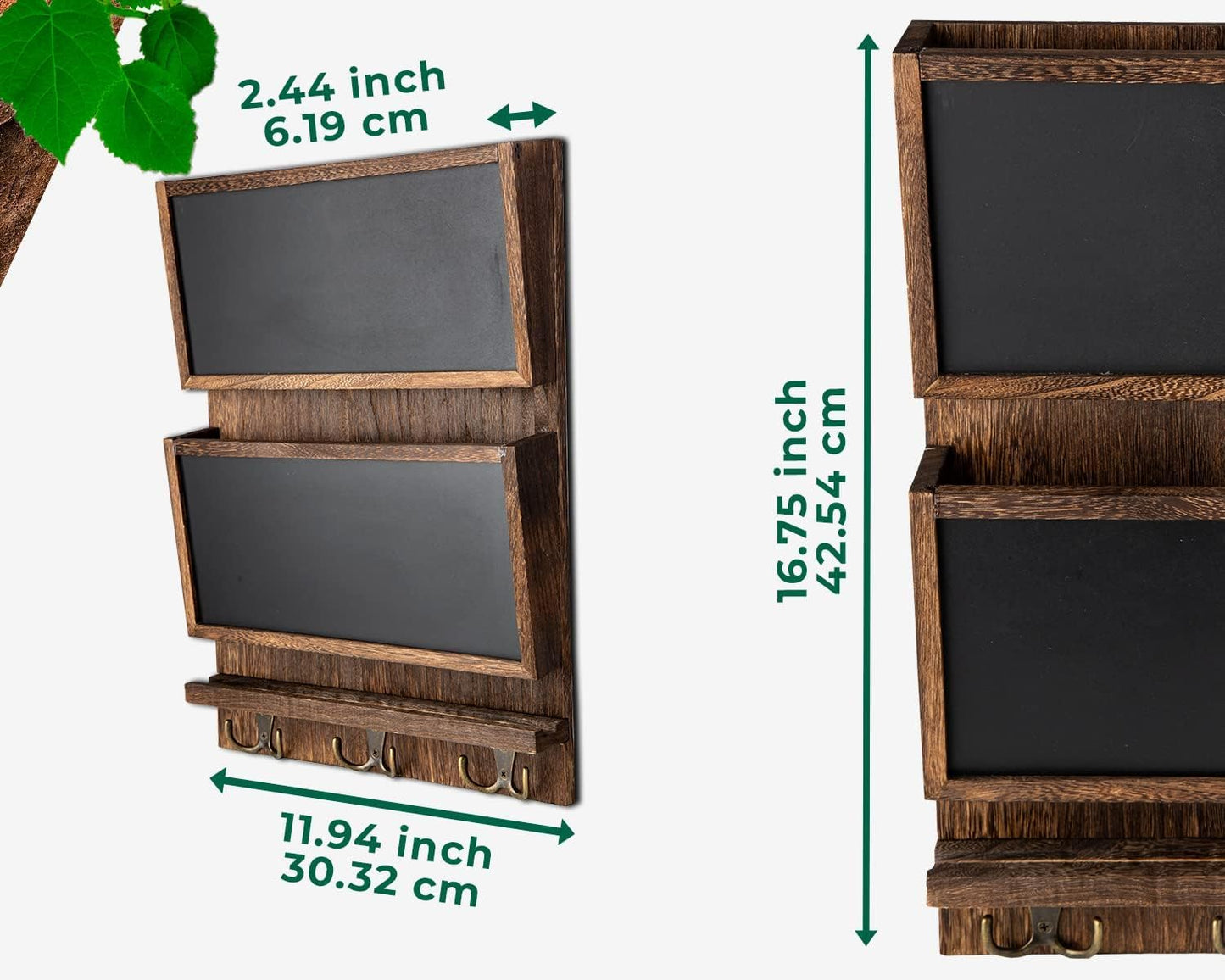 Rustic 2-Slot Mail Sorter Organizer for Wall with Chalkboard & 3 Double Key Hooks - Wooden Wall Mount Mail Holder Organizer – Rustic Brown