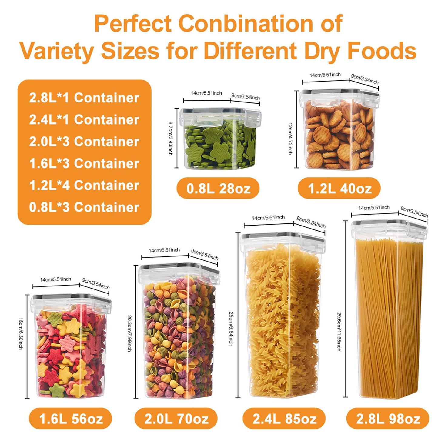 Asnews 15 PCS Airtight Food Storage Containers with Lids, Plastic Kitchen and Organization Canisters for Cereal, Dry Food, Flour and Sugar, BPA-Free, PVC-Free, Includes Labels & Marker