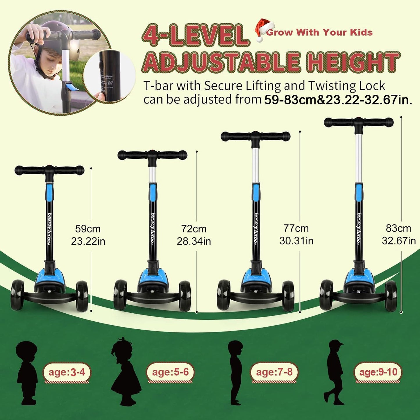 besrey Kick Scooters for Kids Ages 3-10, 3 Wheel Scooter for Kids with Adjustable Height, Folding Kids Scooter with LED Light Wheels Rear Brak Extra Wide Deck Outdoor Activities for Boys/Girls