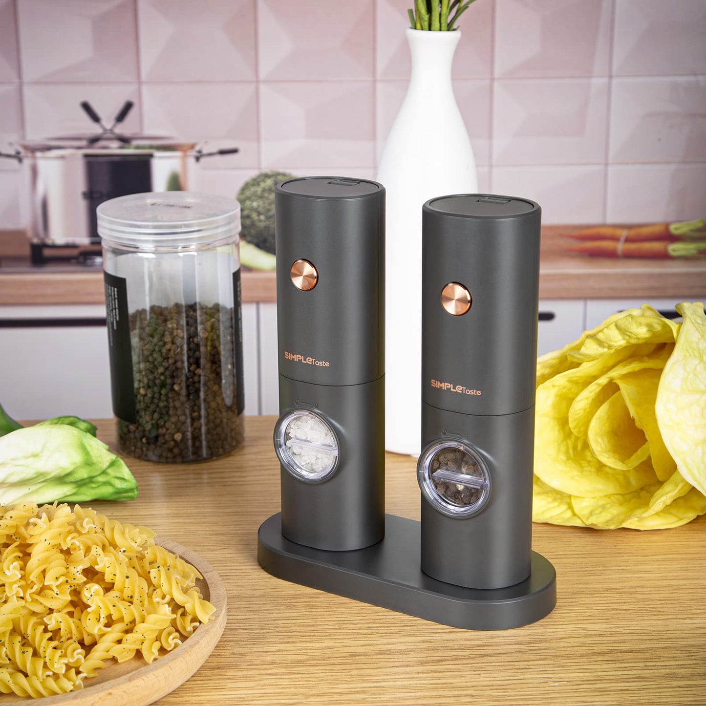SIMPLETASTE Electric Salt and Pepper Grinder Set, One-Handed, Battery Powered, Adjustable Coarseness, LED Light, Pepper Mills with Stand, Seasoning Tools for Kitchen, Dining