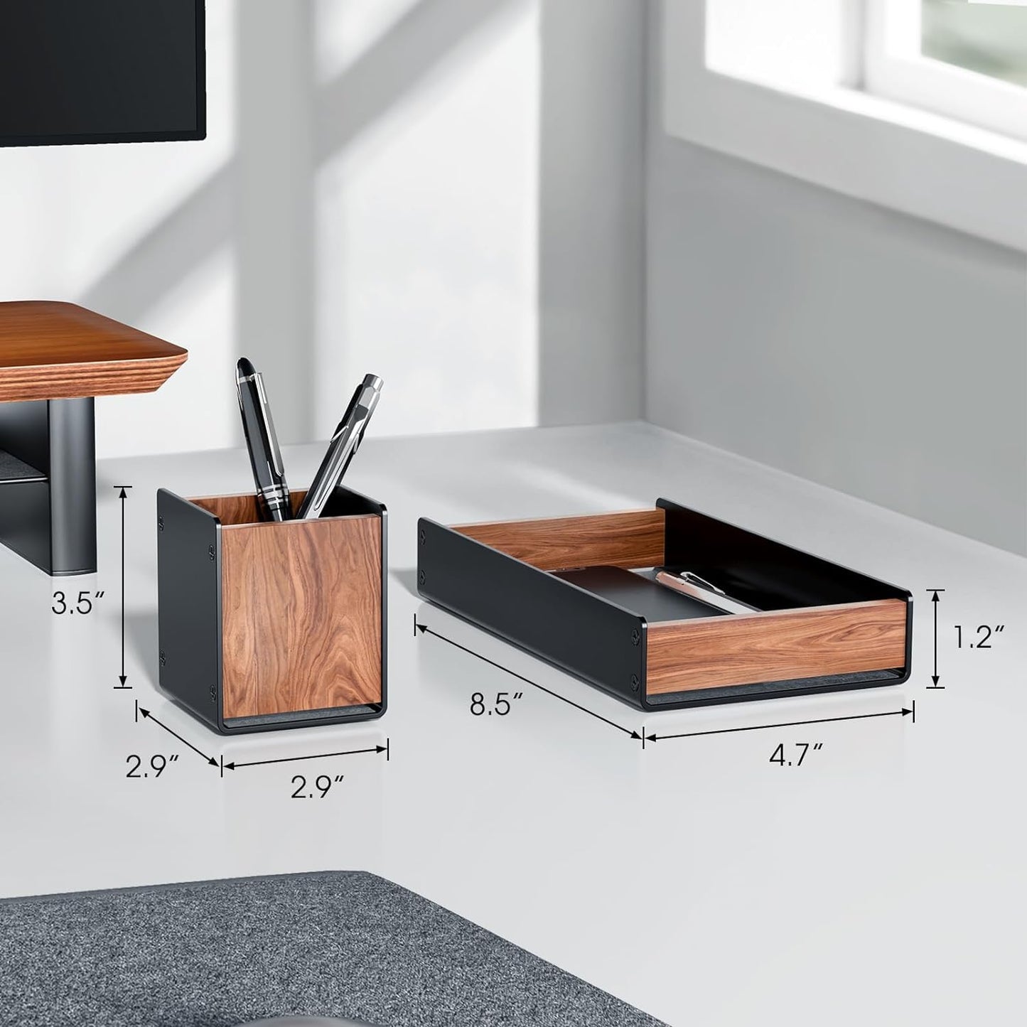 SHUOSUO Walnut Wood Desk Tray with Pen Holder Set, Natural Wooden & Aluminium Desk Office Draw Organizer Tray for Keys, Pen, Watch