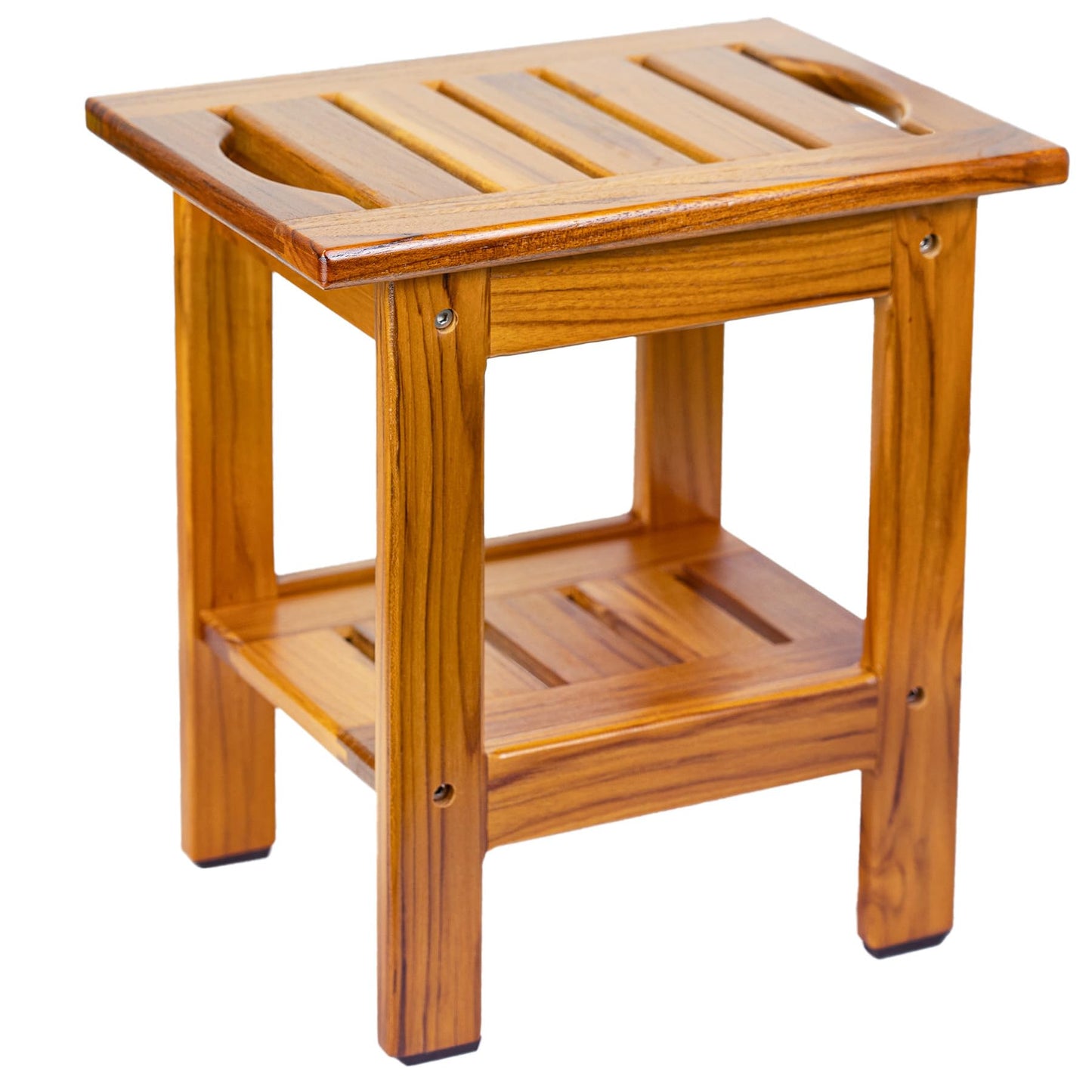 Utoplike Teak Shower Stool, Wooden Small Shower Bench for Inside of Shower, Compact Shower Stool with Shelf, Handle, Non-Slip Feet, 2-Tier Shower Bath Seat for Bathroom, Bathtub Side, or Outdoor Use