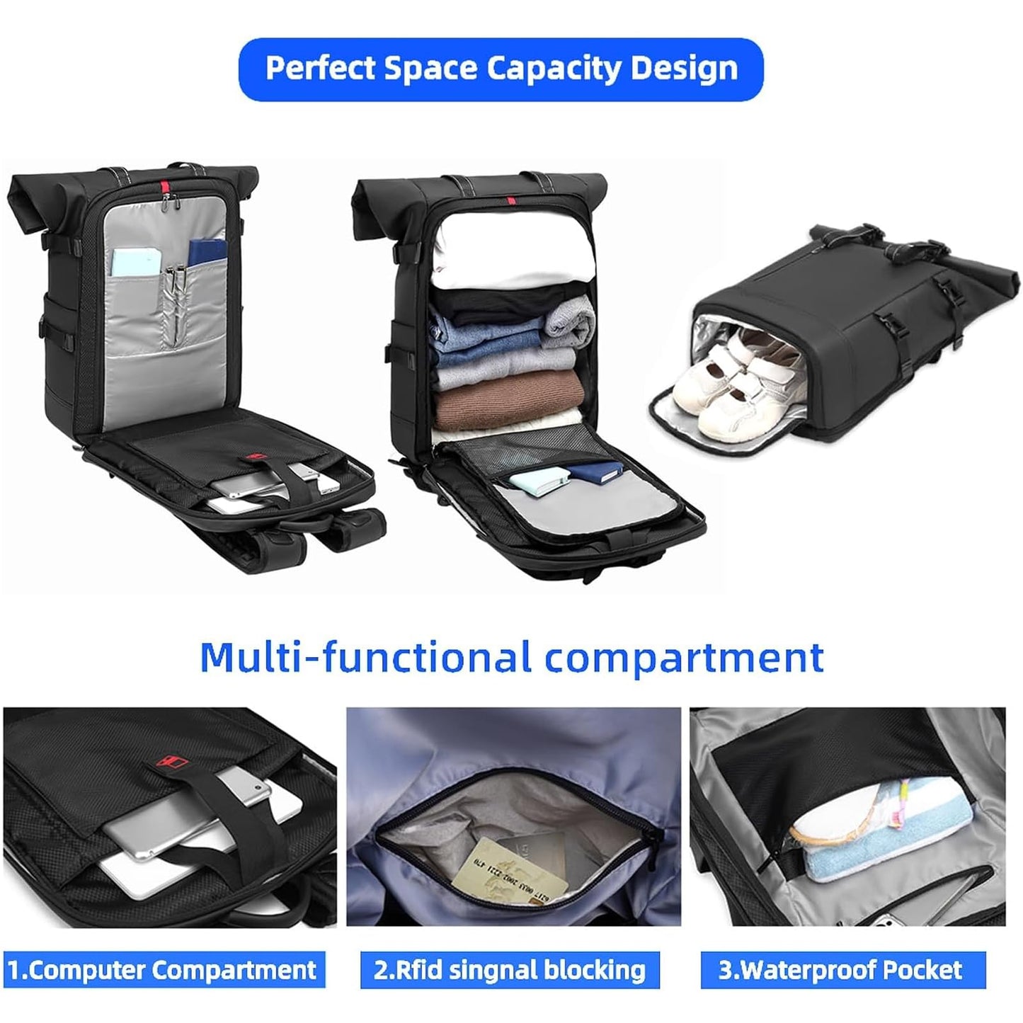 Travel Roll Top Backpack with Shoe Compartment, 17 inch Laptop Compatible, for Business, Hiking, Mountaineering, Large Capacity