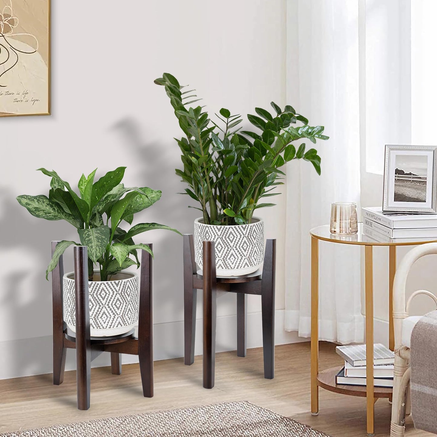 2 Packs Adjustable Plant Stand with Tray,Indoor Wood Plant Stand Fit 8'' to 12'' Planter,Mid Century Modern Flower Pot Holder Rack(Plant and Pot Not Included) Walnut