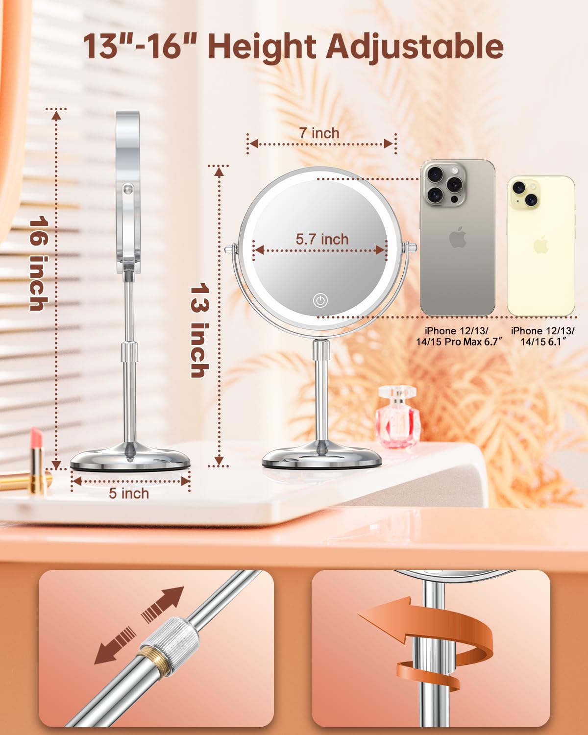 Benbilry Lighted Makeup Mirror with 10X Magnification & 3 Color Lights, Adjustable Brightness & Height, 7 Inch 360° Swivel Rechargeable LED Magnifying Make Up Mirror with Lighting (Silver)
