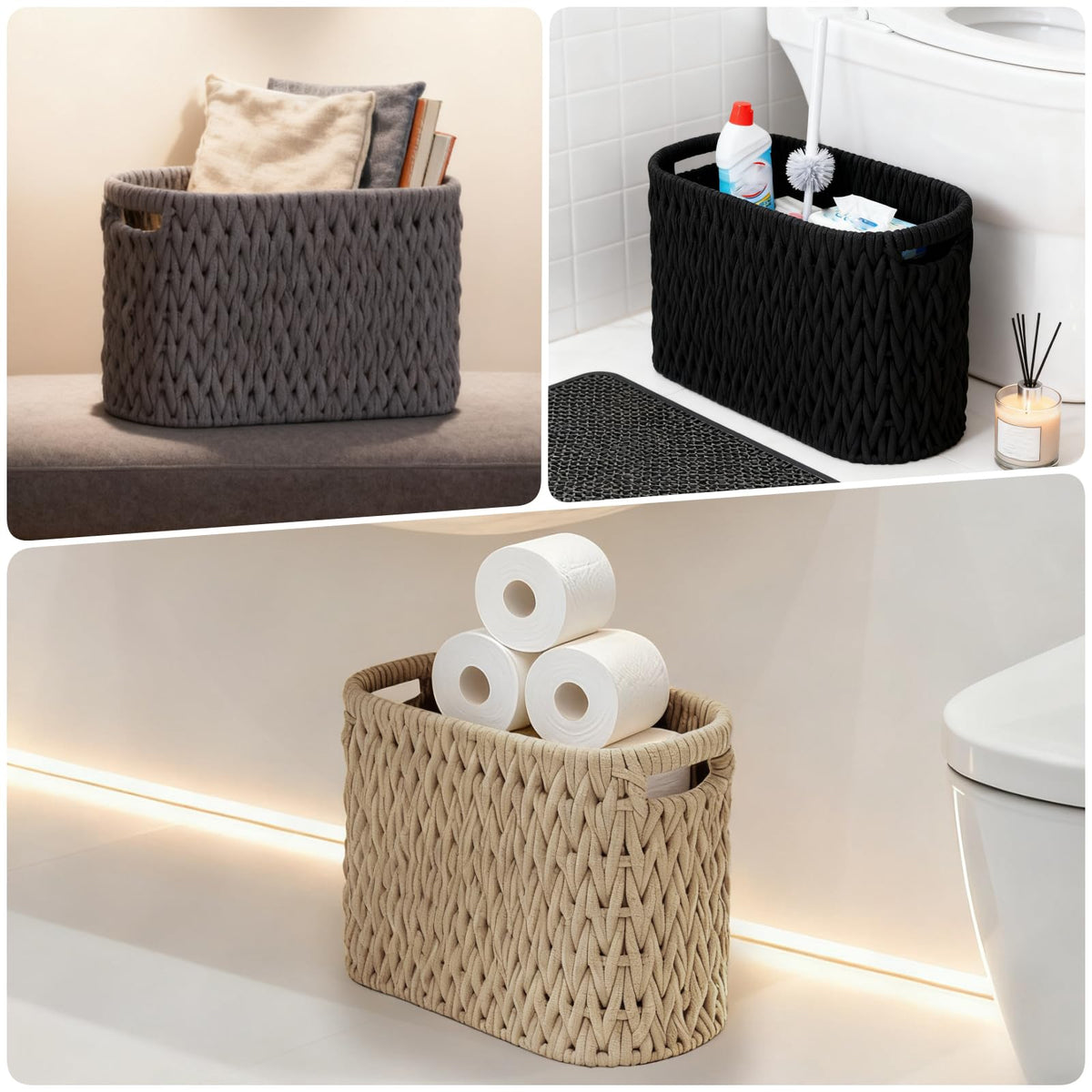 Boho Toilet Paper Storage Baskets, Cotton Rope Woven Bathroom Basket Set of 2, Standing Toilet Paper Holder for 6 Mega Rolls,Storage Bins for Toilet Tank Top, Bathroom Organizer Decor (Brown 2 Pack)