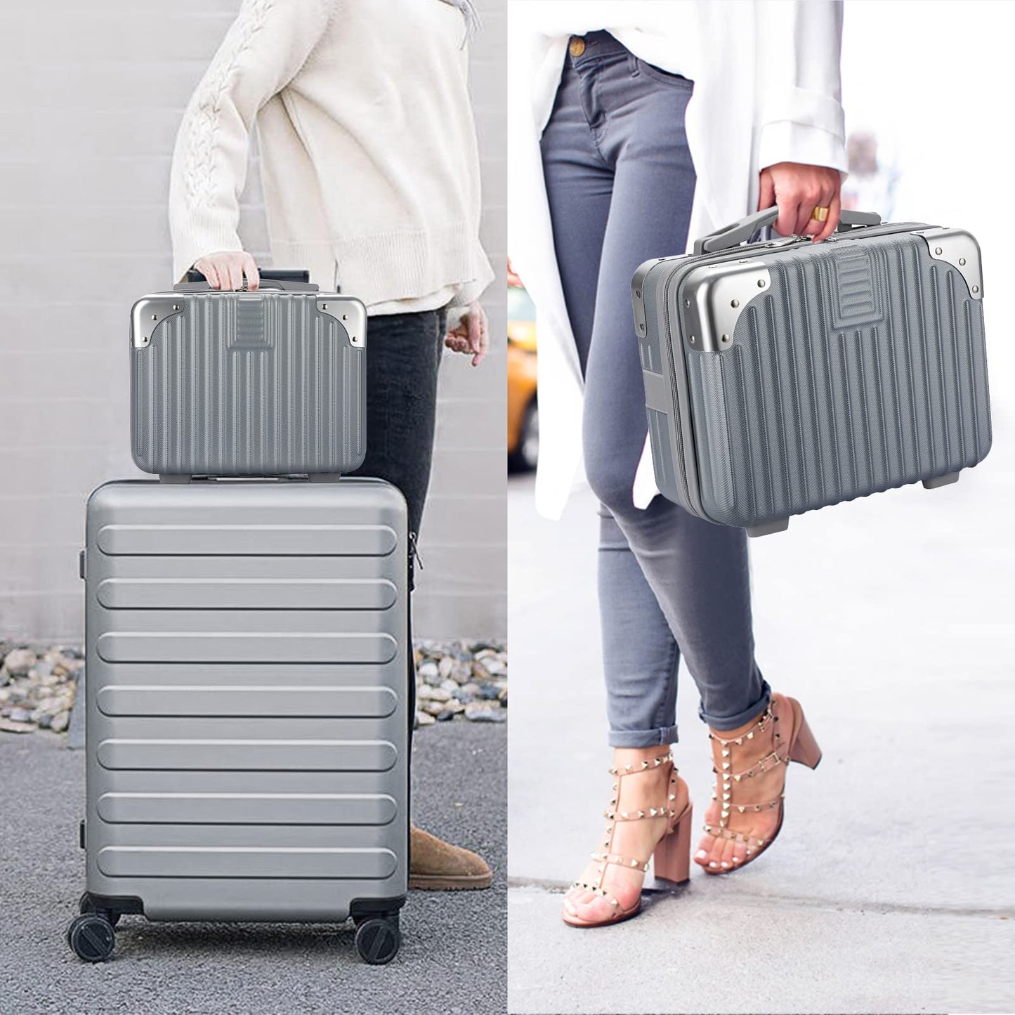 BSTKEY Portable Hard Shell Cosmetic Travel Case, Small Travel Hand Luggage with Elastic Band, Mini ABS Carrying Makeup Case Suitcase, Silver, Fashion