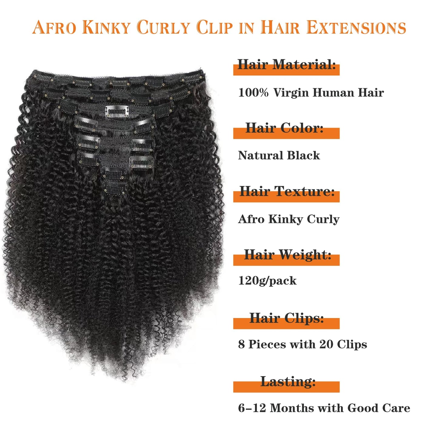 Yacurcur Afro Kinky Curly Clip ins 4C Clip ins Human Hair 8pcs 120g/set 10A Brazilian Virgin Hair Curly Clip in Hair Extensions Natural Black 12 Inch