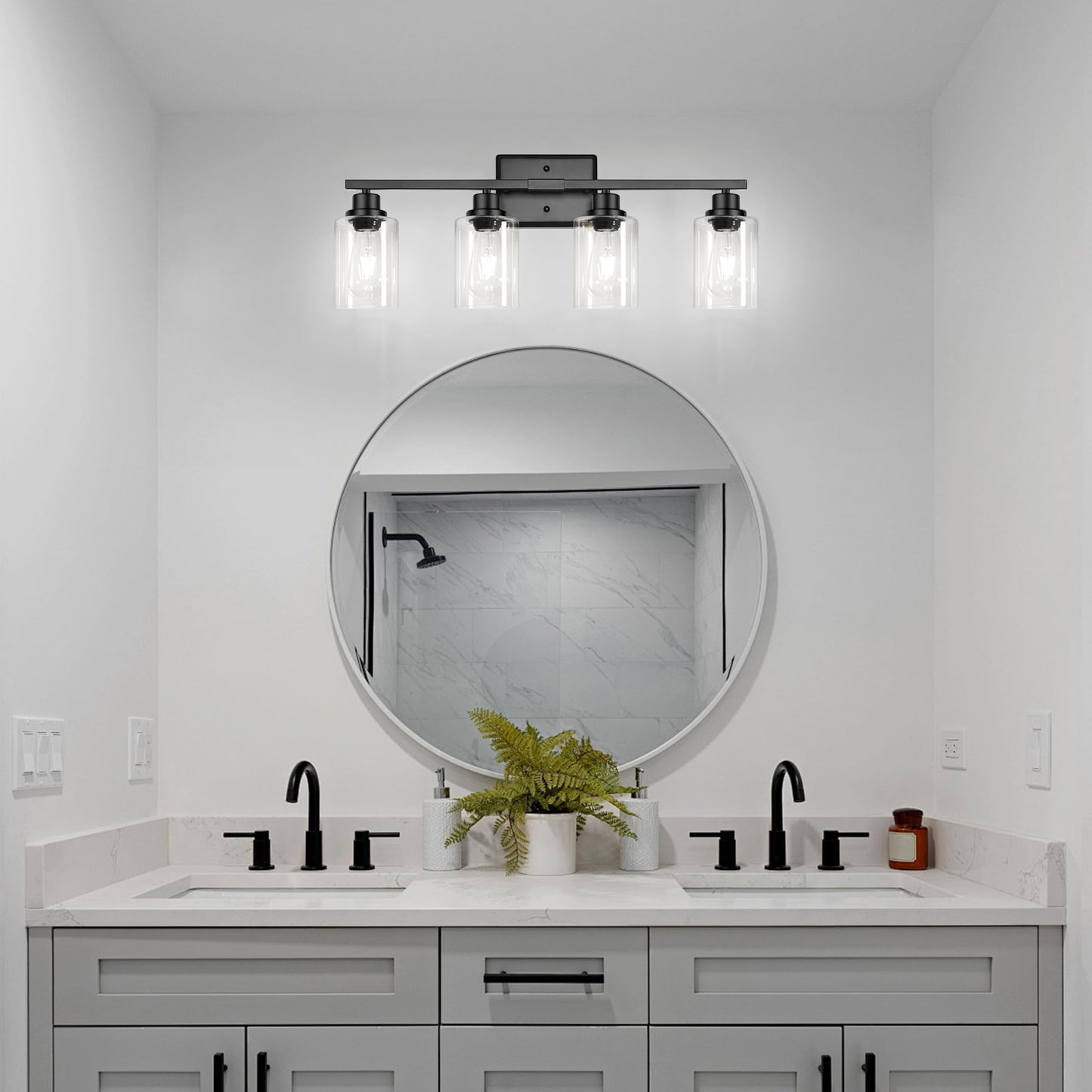 Ascher Bathroom Light Fixtures, 4-Light Vanity Lights with Clear Glass Shade, Modern Black Finish Wall Light for Mirror Bedroom Hallway Cabinet Porch