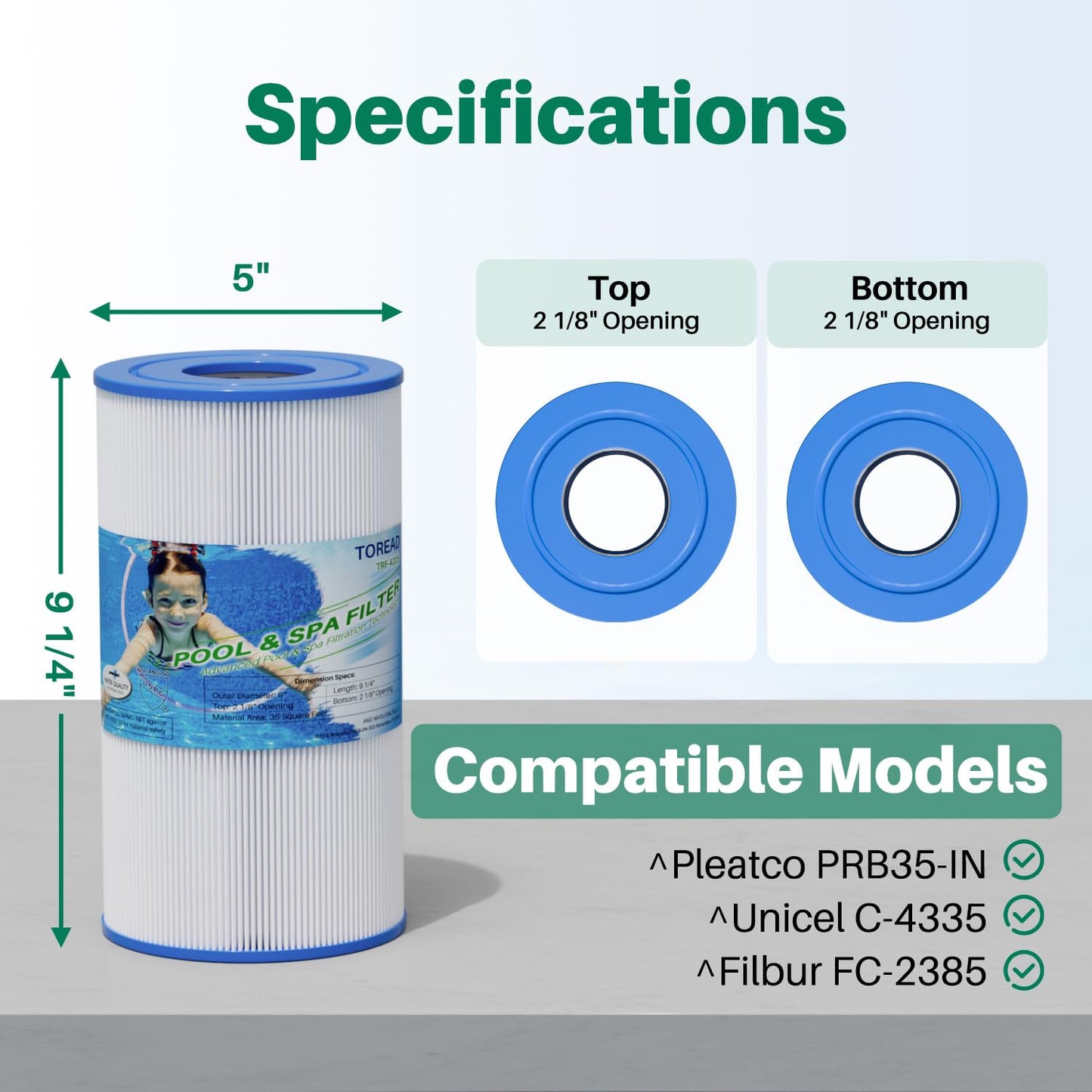 TOREAD Relacement for Spa Filter PRB35-IN, Unicel C-4335, Guardian 409-219, Filbur FC-2385, 03FIL1300, 17-2482, 25393, 303557, 817-3501, R173431, 35 sq.ft, 5 X 9 Drop in Hot Tub Filter (2 Pack)