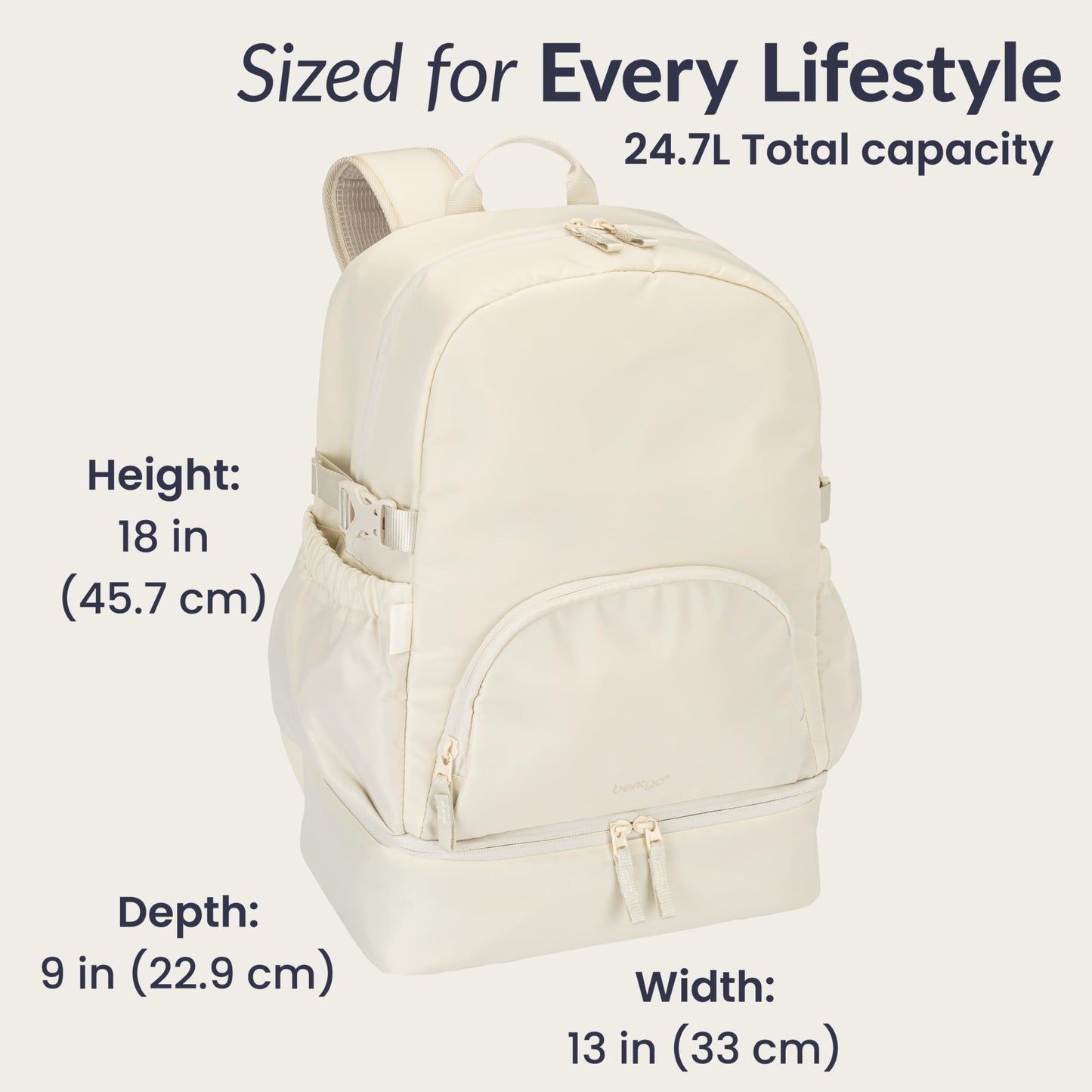Bentgo® 2-in-1 Adult Backpack & Insulated Lunch Bag – Lightweight, Water-Resistant Travel Backpack with 9 Compartments, Laptop Sleeve & Trolley Sleeve for Work & Everyday Use (Bone)