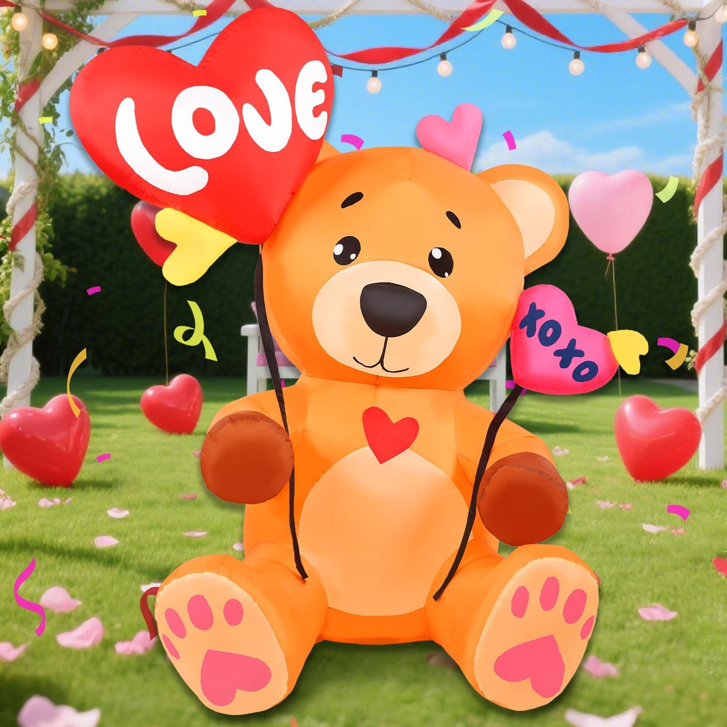5 FT Valentines Inflatables Outdoor Decorations, Blow up Valentine's Day Love Bear Yard Decor with Hearts, Built-in LED Lights Valentine Holiday Decorations for Outside Lawn Garden Wedding Indoor