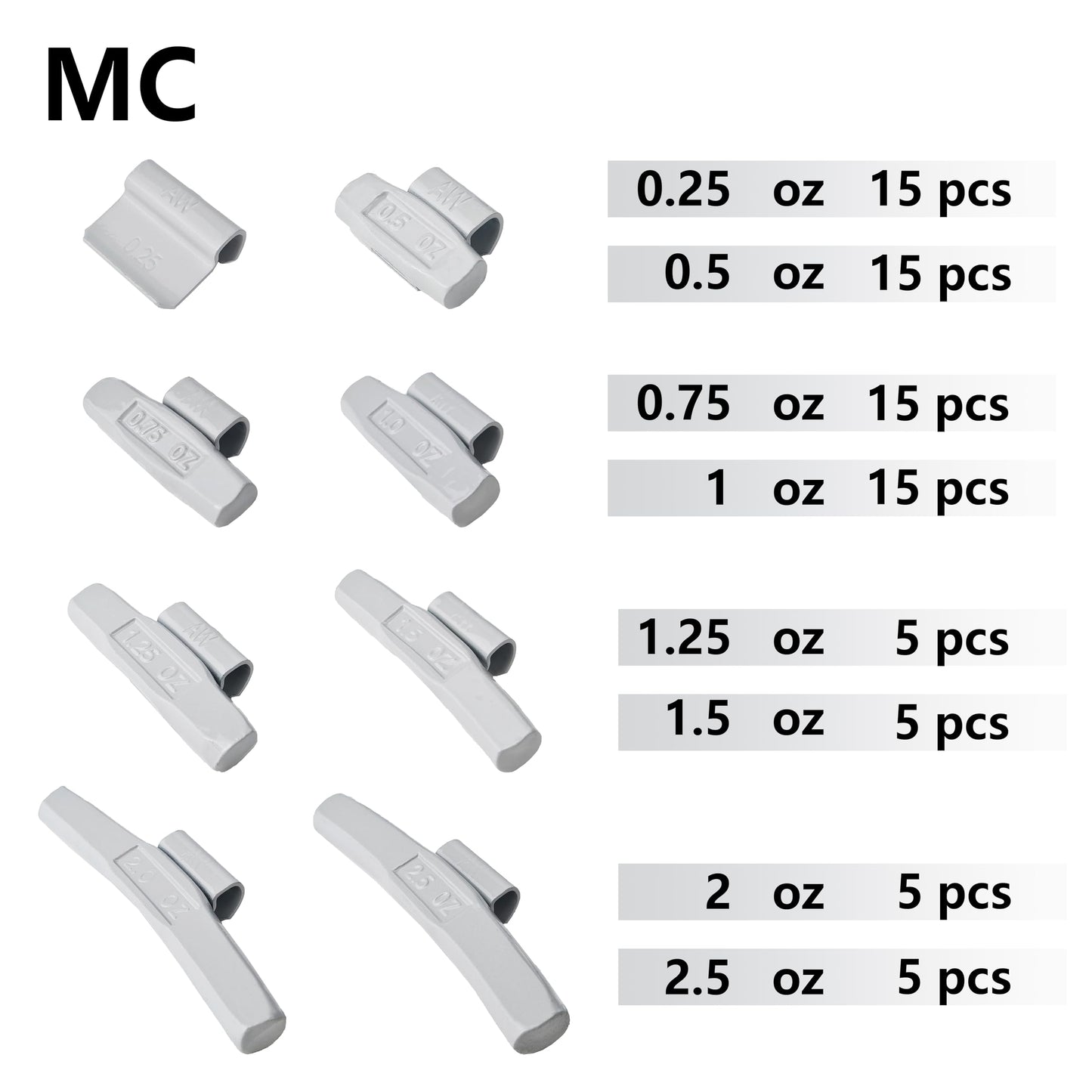 Zerint MC Style, Grey, 80pcs/kit, Wheel Weight Kit,0.25oz, 0.5oz, 0.75oz, 1oz 15pcs Each, 1.25oz, 1.5oz, 2oz and 2 .5oz 5pcs Each