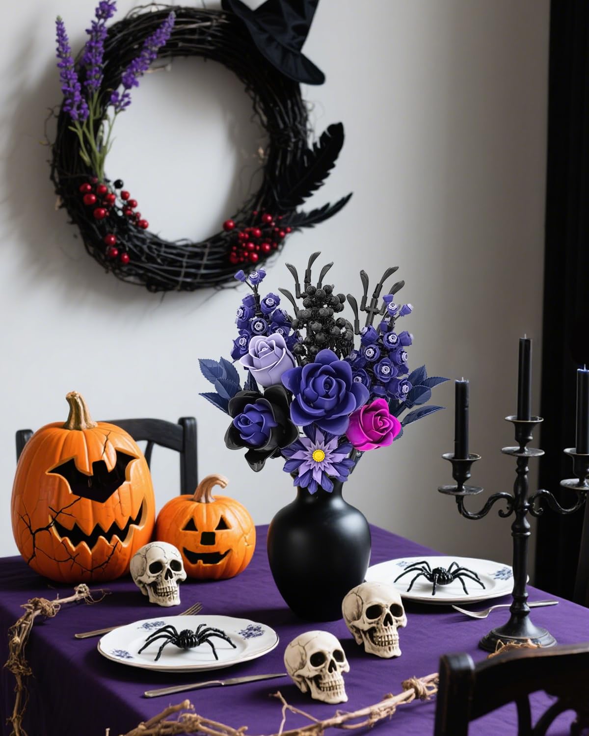 Purple Rose Bouquet Building Set, Artificial Floral Building Toys for Gothic Home Decor, Ideal Gift for Halloween & Christmas, Compatible with Lego Flower Set for Adults, Women, and Teen Girls