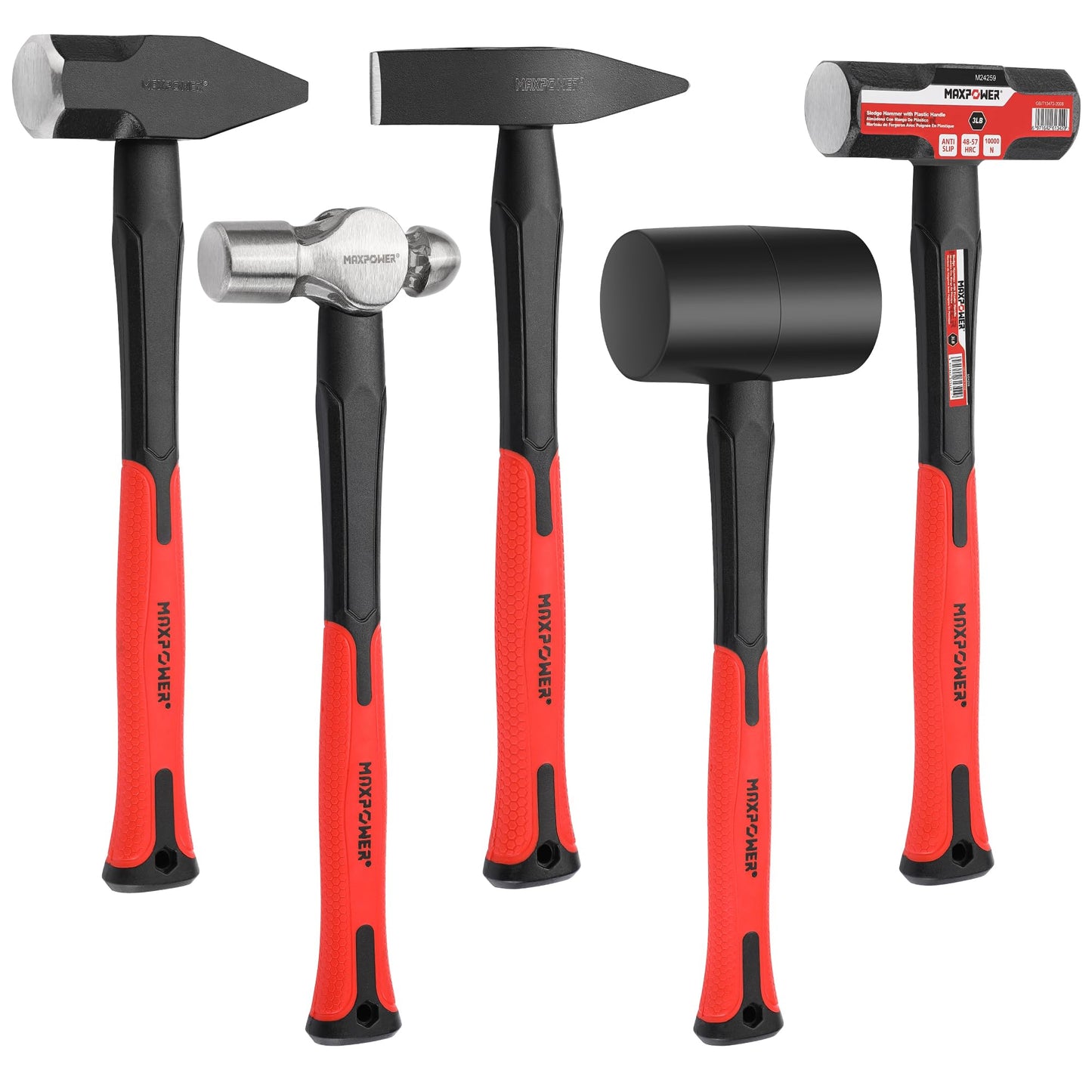 MAXPOWER 5-Piece Hammer Set - 32 oz Ball-Pein, 500g Chipping, 16 oz Rubber, 3 lb Sledge & Cross-Pein Hammers with Fiberglass Handles