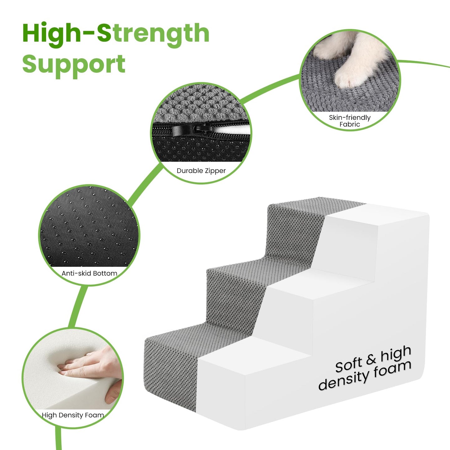 Bnonya 3 Tiers Dog Stairs for Small Dogs, Pet Stairs for Couch and High Bed, Soft Foam Dog Steps with Removable Washable Cover for Injured Dogs, Short-Legged Dogs and Older Pets Dogs, Grey