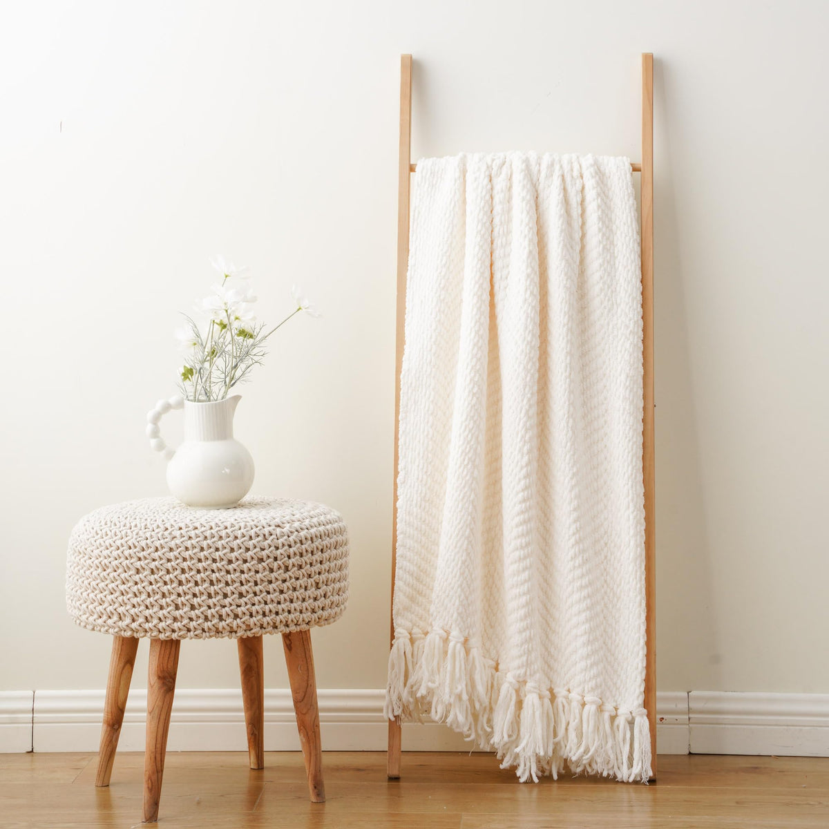 BATTILO HOME Cream Throw Blankets for Couch, Textured Knitted White Throw Blanket with Tassels, Ivory Blanket for Bed Sofa Cover Living Room, Soft Warm Cozy Large Cream Blanket for Home Decor,60"x80"