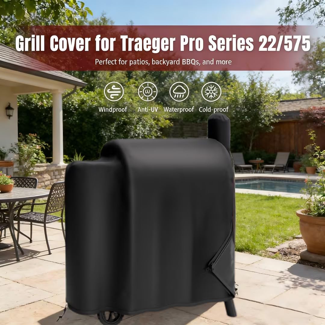 Upgraded Grill Cover for Traeger Pro Series 575/22, Sturdy & Waterproof, Special Zipper Design, Easy to Put On and Take Off