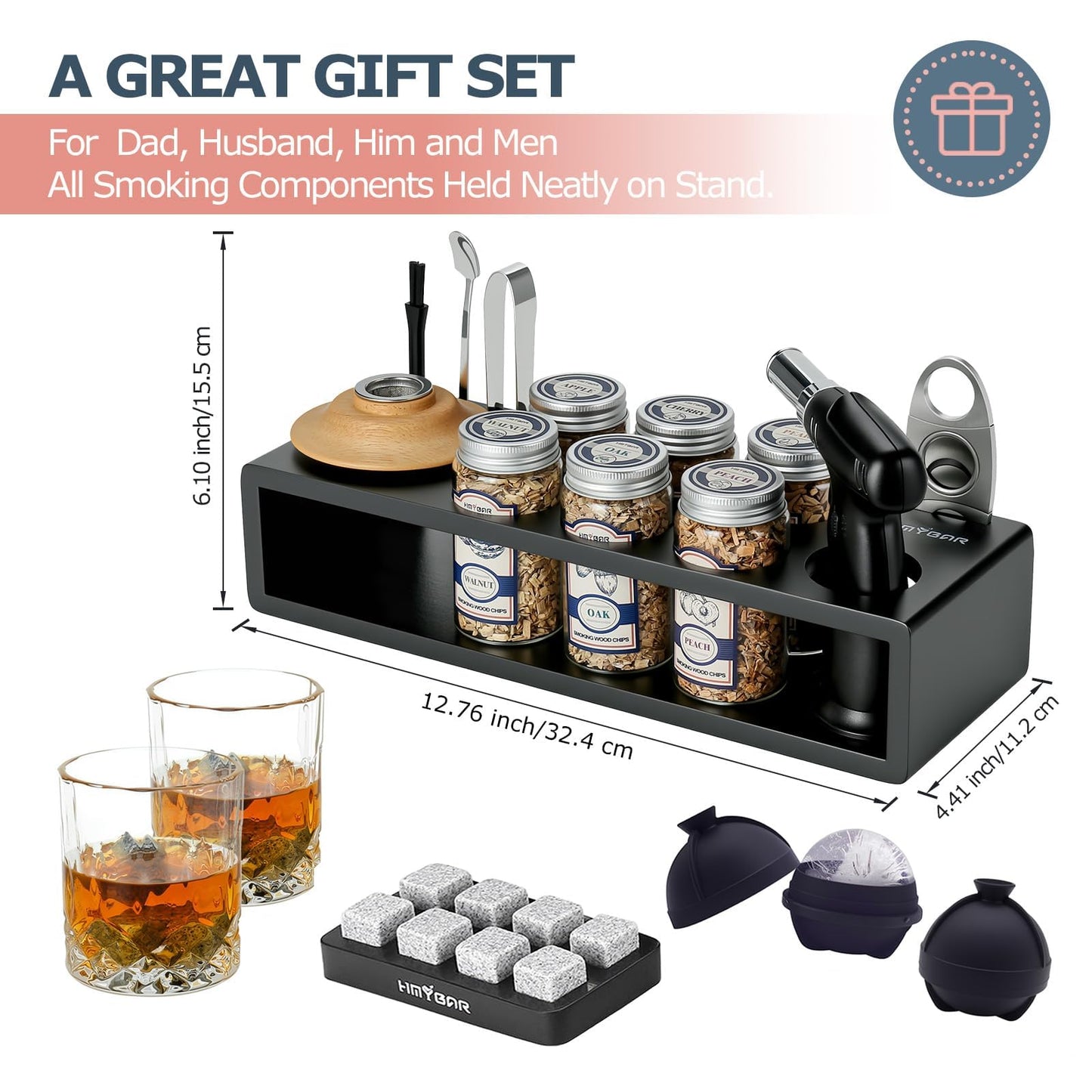 HMYBAR®26pcs Whiskey Smoker Kit with Torch | Cocktail Smoker Infuser Kit | Old Fashioned Drink Smoker Kit | Bourbon Whiskey Gift. Great Gift for Dad, Husband. Bamb Stand Black Color. (No Butane)
