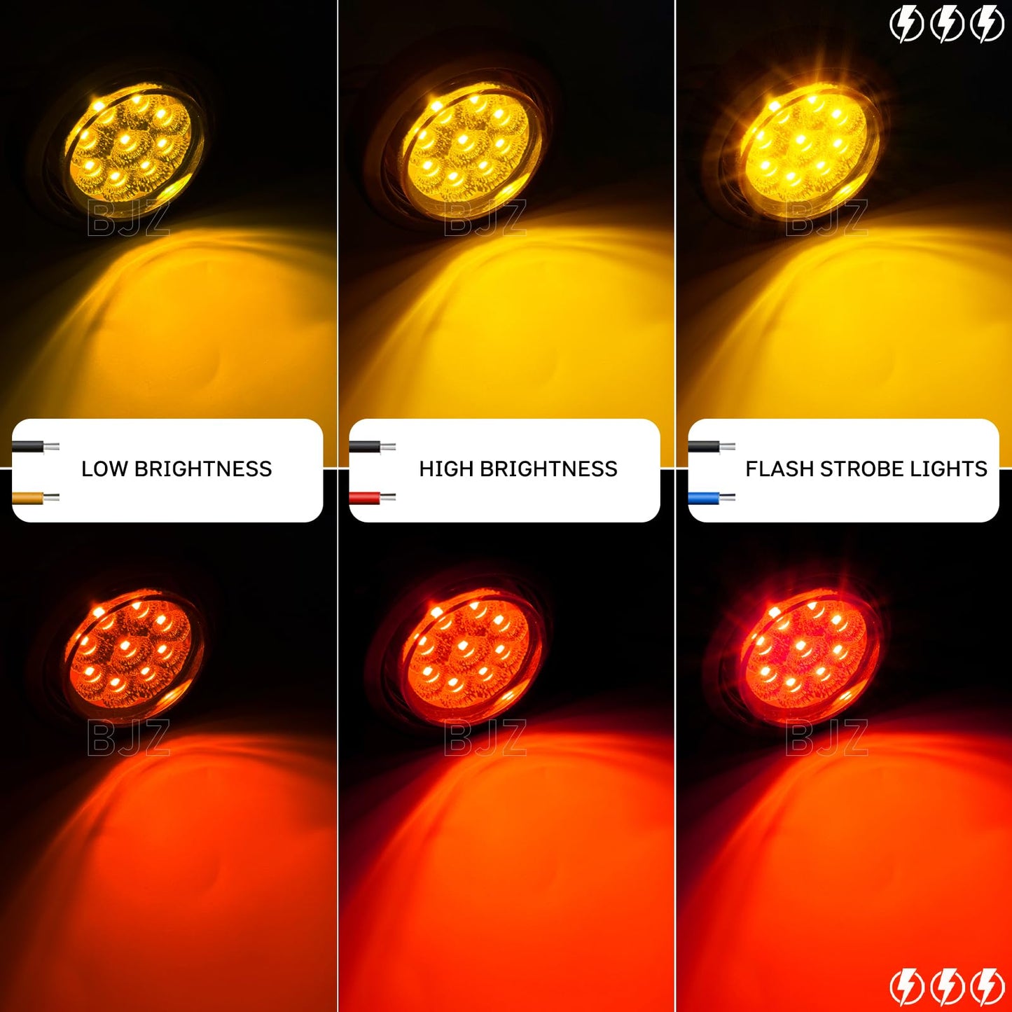 BJZ 2'' High/Low Light+Strobe Light Trailer Clearance Marker LED Lights Round Side Tail Brake Stop Turn Signal Lights Flush Mount for Trailer Truck Van RV ATV Bus Pickup RV Snowmobile (5 Red 5 Amber)