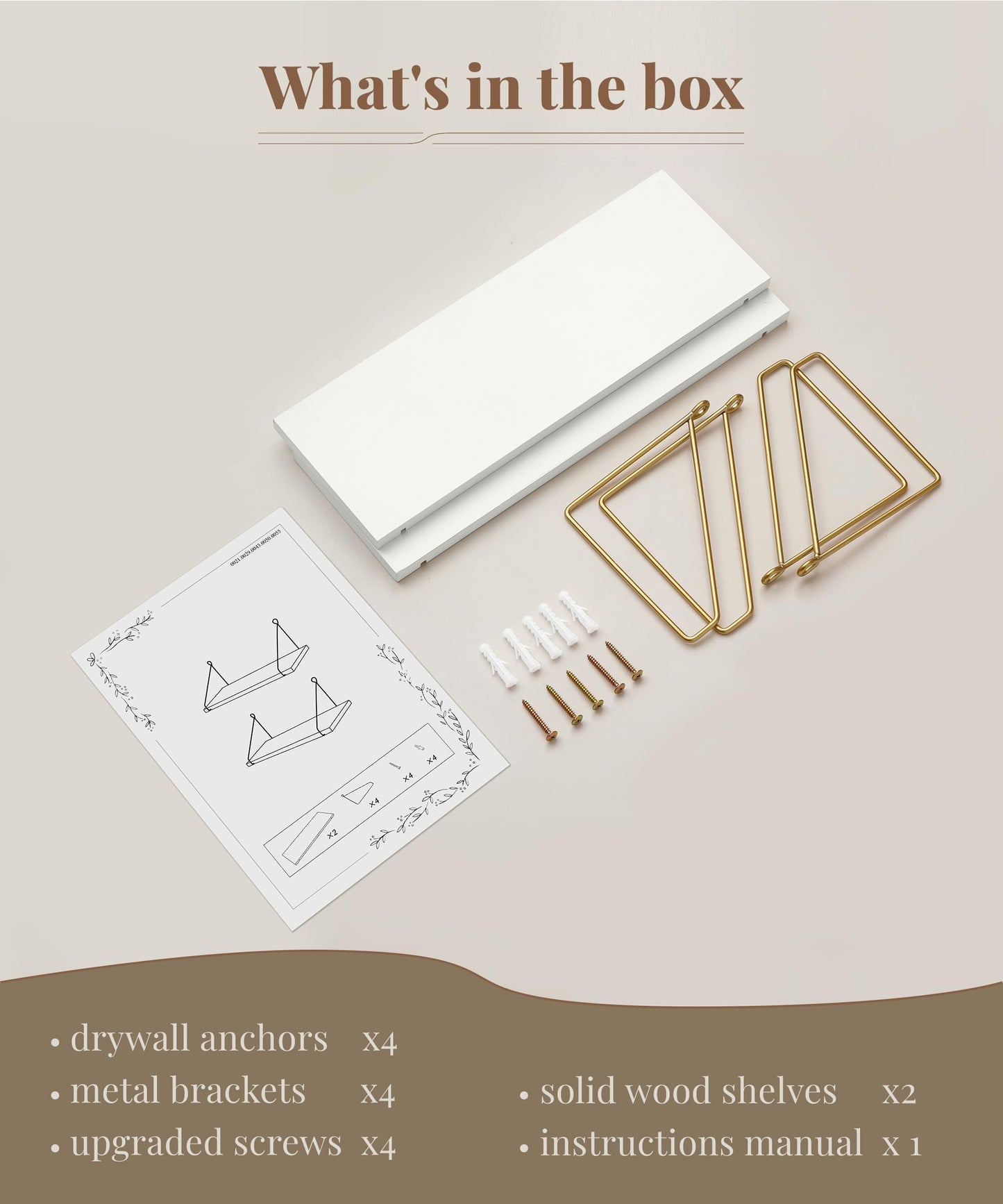 Afuly Floating Shelves Wall Mounted, Modern White Gold Wall Shelf, Wall Hanging Storage for Bathroom Kitchen Bedroom, Wood Metal Chic Wall Bookshelf, Set of 2