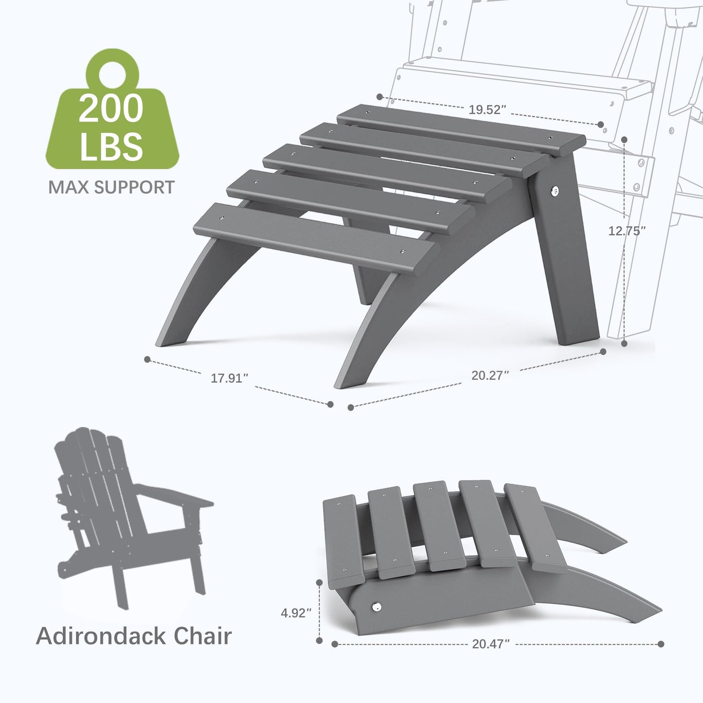 SOINMTY Folding Adirondack Ottoman, HDPE All Weather Adirondack Chair Footrest, Plastic Footstool for Adirondack Chairs, Wide Use in Backyard, Garden, Lawn, Porch, Poolside. Grey
