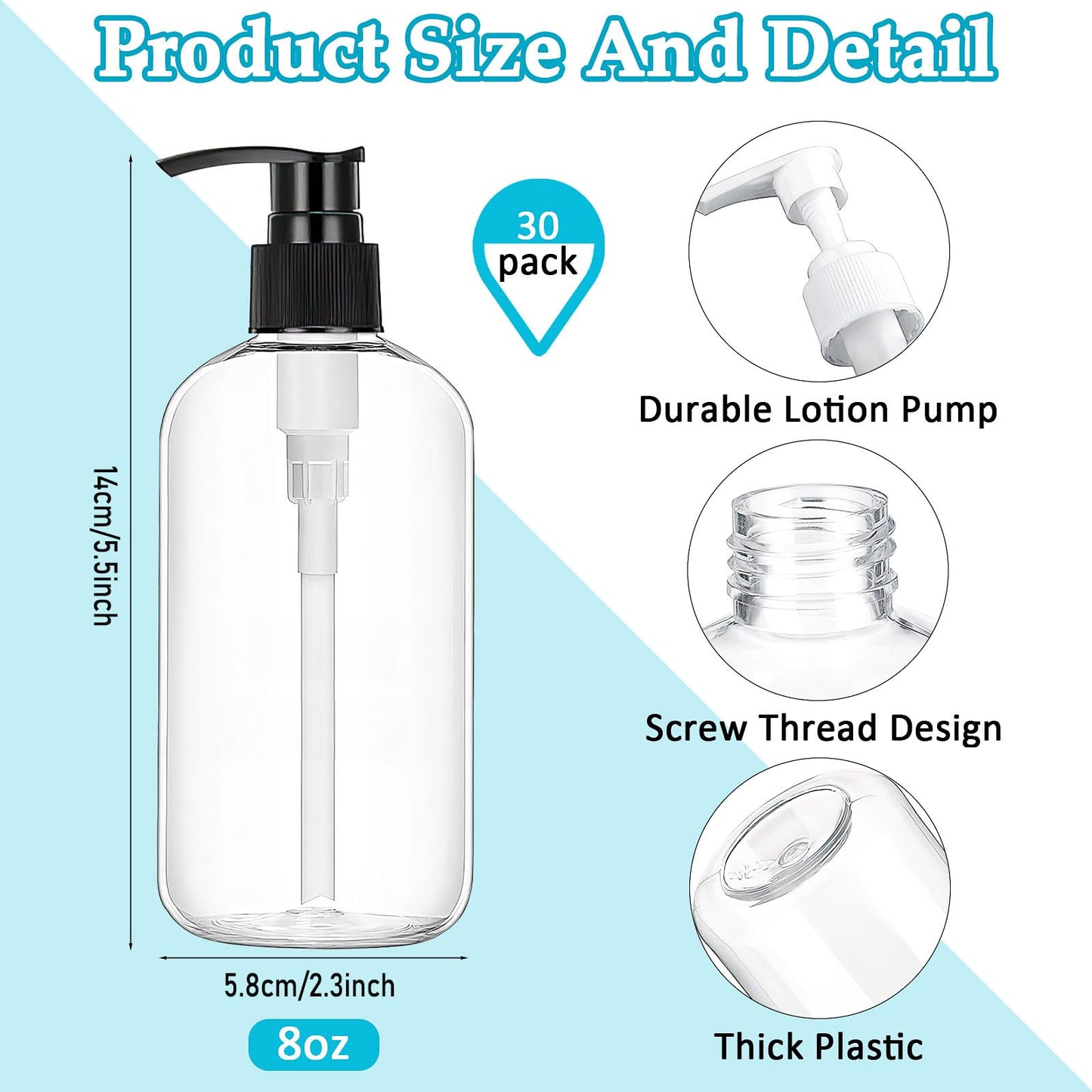 30 Pack 8 oz Clear Empty Lotion Bottles Plastic Pump Bottles Hand Dish Dispenser Round Bottles Containers Refillable Container Black White Pumping for Shampoo Conditioner Body Wash Cream Liquid Soap