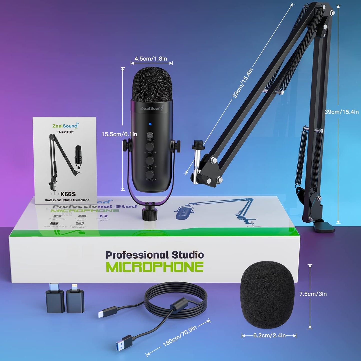 USB Gaming Microphone,ZealSound Noise Cancellation Mic Kit for Phone PC Computer Tablet with Boom Arm Stand,Podcast Condenser Mic set,Mute Button,Echo&Volume Gain Knob,Monitor,Streaming Recording ASMR