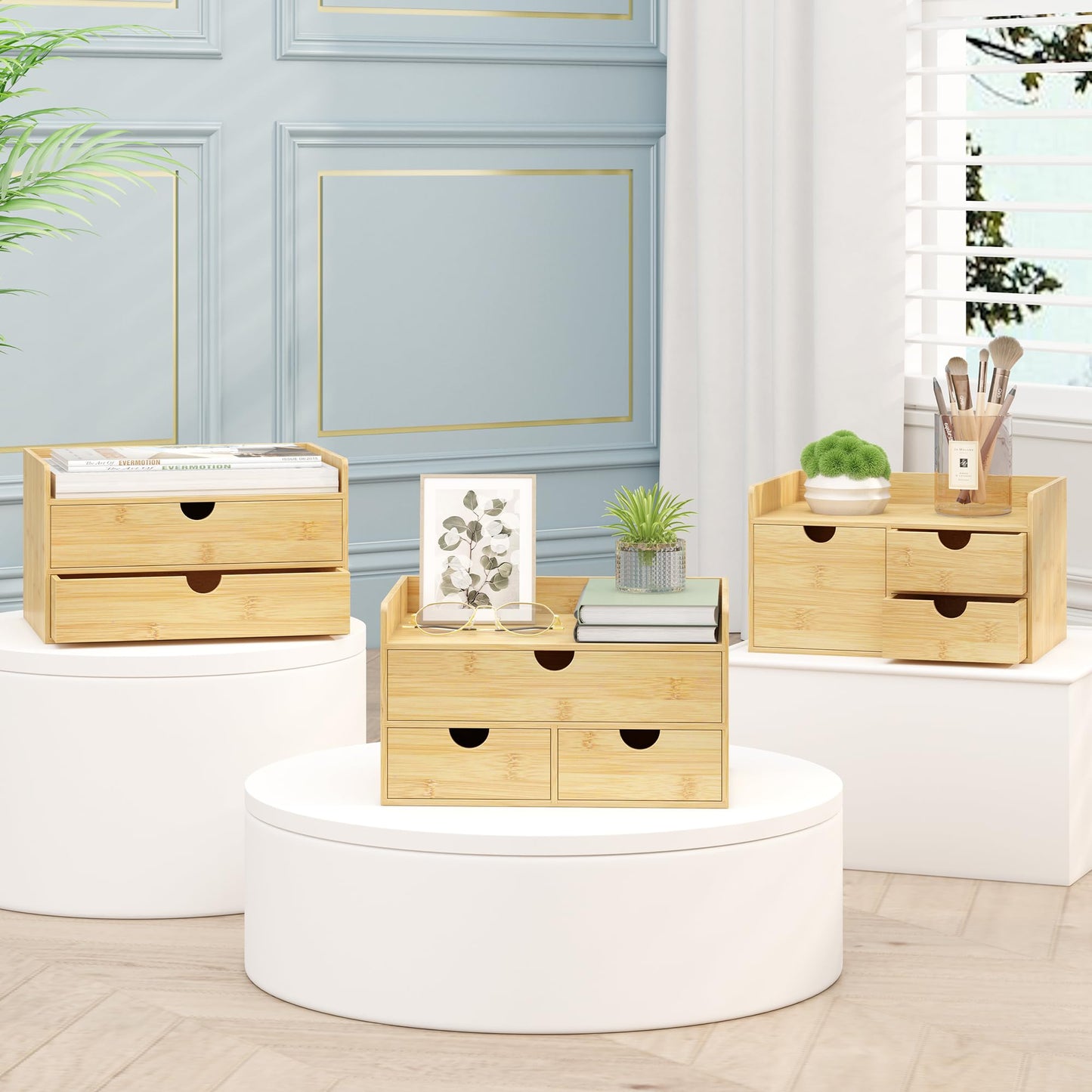 Bamboo Desk Organizer with Drawers Desktop Storage Drawers for Bills Office Supplies Kitchen Utensils Organizing Tool for Home Classroom Organization No Assembly (Nature 2 Drawer)