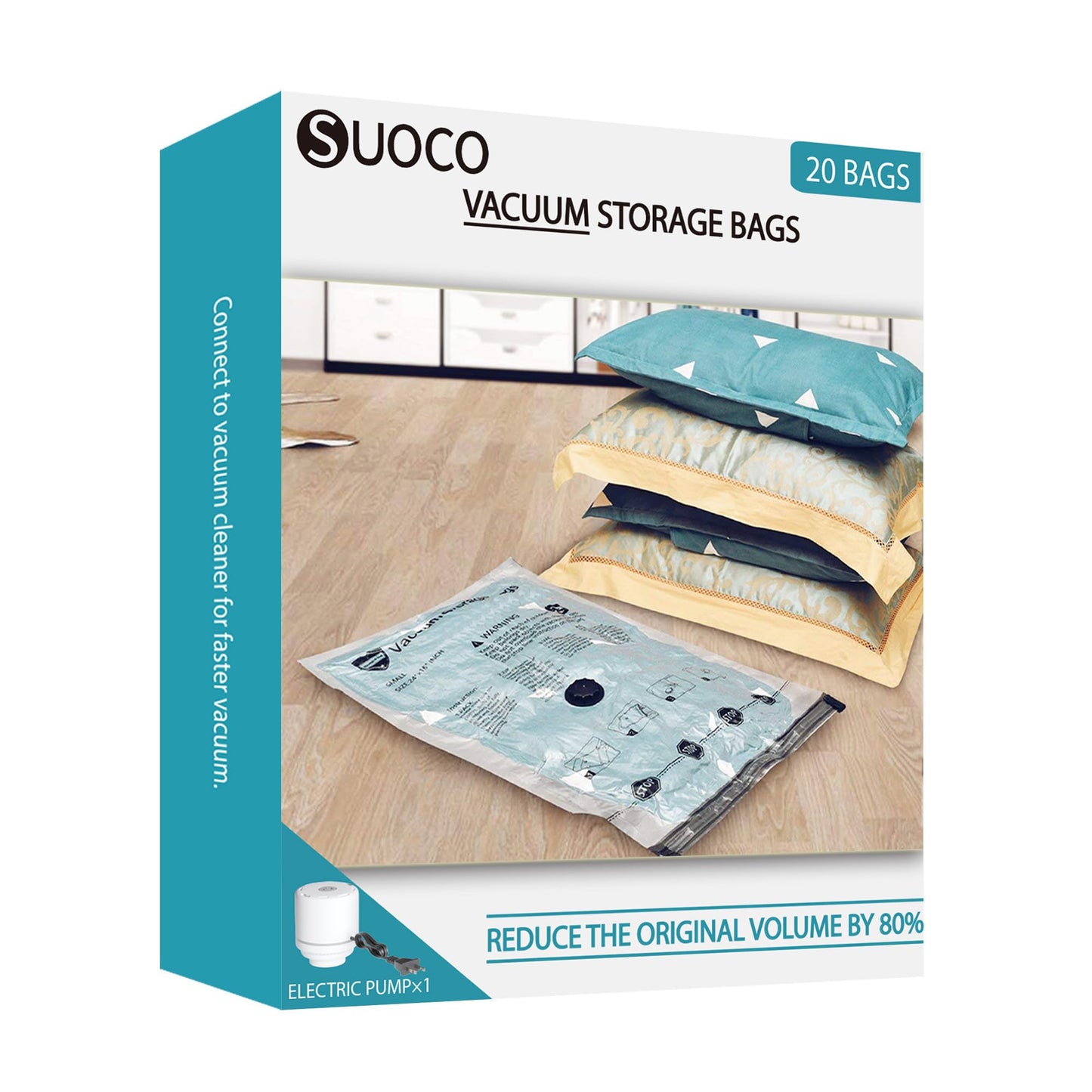 SUOCO 20 Combo Vacuum Storage Bags with Electric Pump, (4 Jumbo, 4 Large, 6 Medium, 6 Small) Travel Clothes Space Saver Bags, Compression Airtight Seal Bags for Clothing, Pillows, Comforters, Blankets