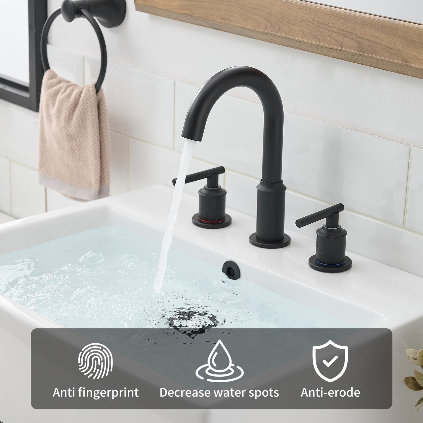 Matte Black Bathroom Faucets for Sink 3 Hole,8 Inch Widespread Bathroom Sink Faucet with Pop-up Drain and Supply Lines, Stainless Steel Faucet for Bathroom Sink Vanity RV Farmhouse Sink