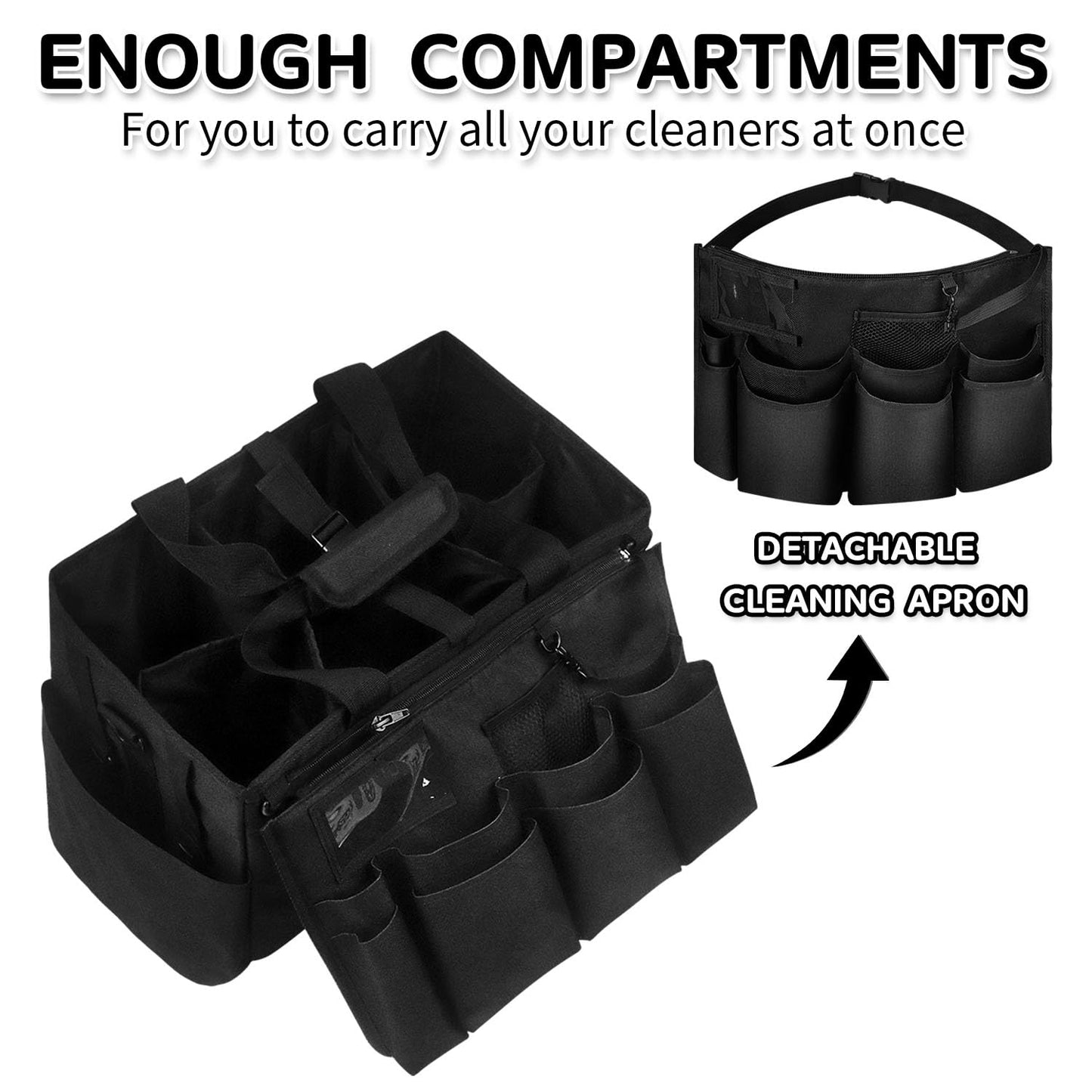 Boczif Cleaning Caddy Bag Wearable, Supplies Organizer with Handle, Shoulder Straps & Detachable Divide, Tool Organizers Tote for Cleaners & Housekeepers (Black)