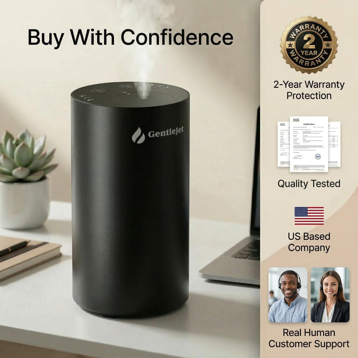 GentleJet LiteMist Waterless Nebulizing Essential Oil Diffuser – Cold Air Aromatherapy, USB-C Cordless 2000mAh Battery, Aluminum Portable for Home Office Car, 20ml