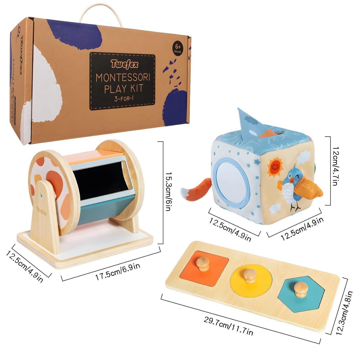 Twefex Baby Toys 6-12 Months - 3 in 1 Baby Toys Play Kit - Medium Spinning Drum - Baby Tissue Box Toy - Peekaboo Knob Puzzle with Cards - Montessori Toys 6-12 Months