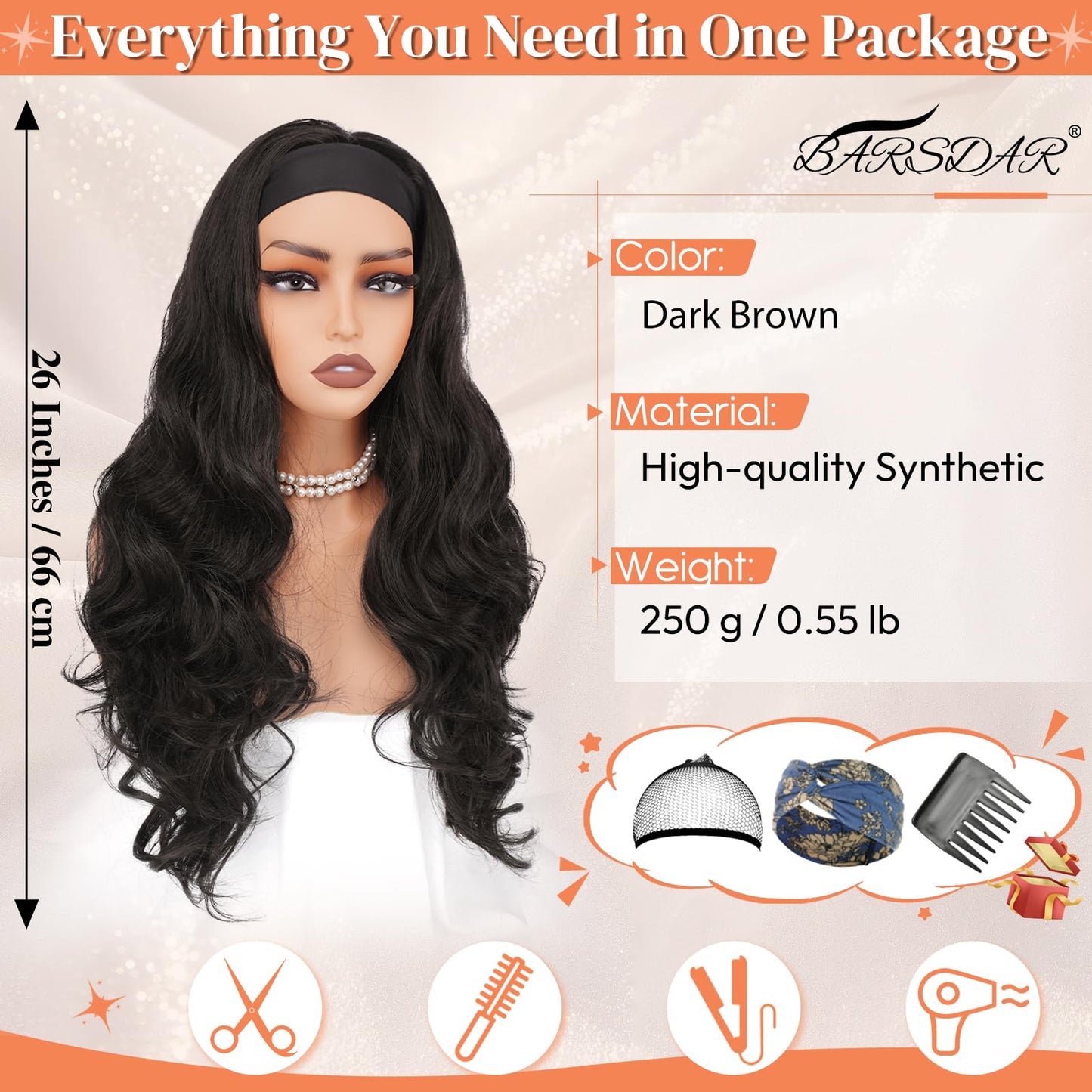 BARSDAR Dark Brown Wavy Headband Wig - 26 Inch Long Loose Body Wavy Synthetic Headband Wig for Women - Wear and Go Glueless Wig Soft Lightweight Natural Looking Easy Wear Head Band Wigs