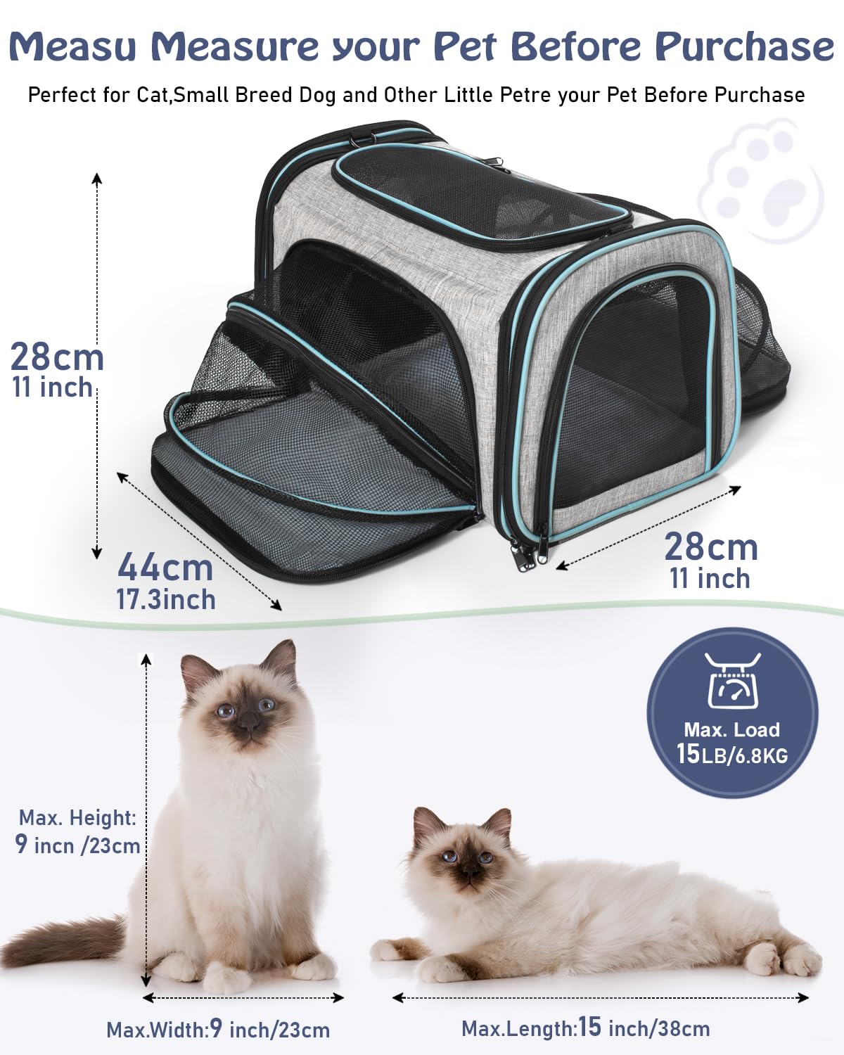 Siivton Cat Carrier,4 Sided Expandable Pet Carrier for Travel,Collapsible Soft-Sided Carriers with Removable Fleece Pad and Shoulder Straps,Airline Approved(17.5"x 11"x 11")