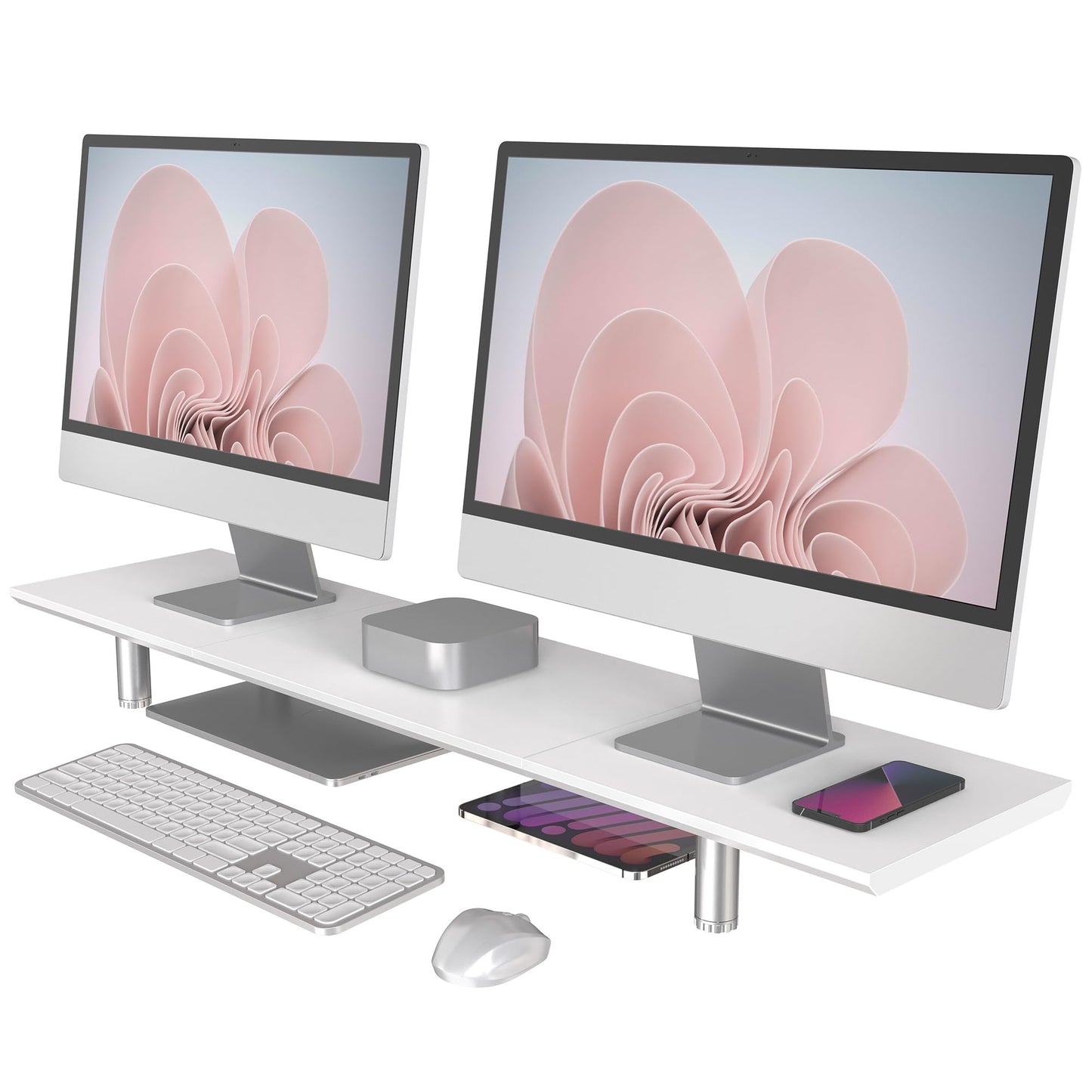 FENGE Dual Monitor Stand Riser, 39.4 Inch Height Adjustable Monitor Riser for Desk, Wood & Steel Monitor Stands for 2 Monitors, Laptop,Printer,TV, White